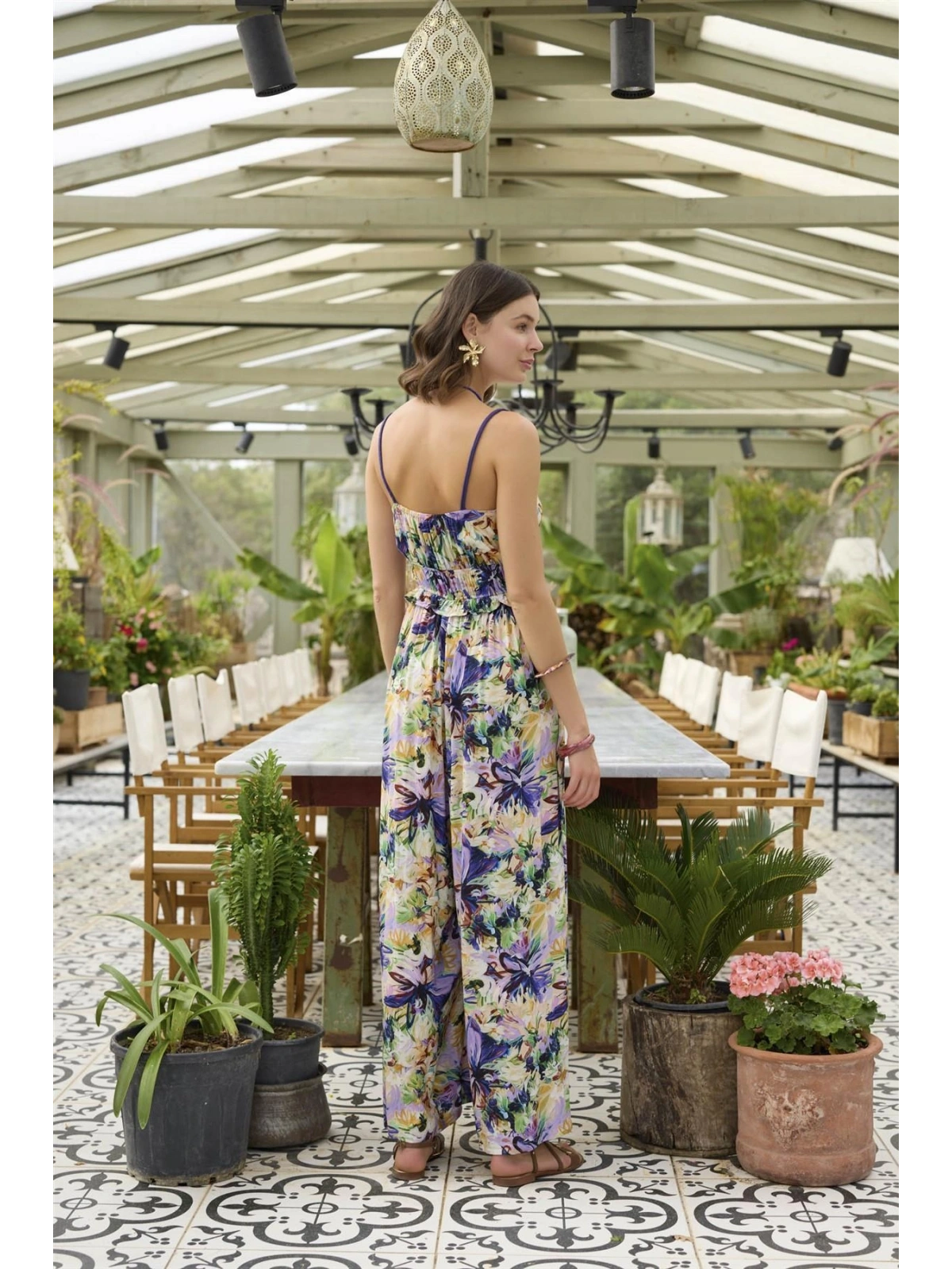 Seraviax Çiçek ve Yaprak Desenli İp Askılı Tulum