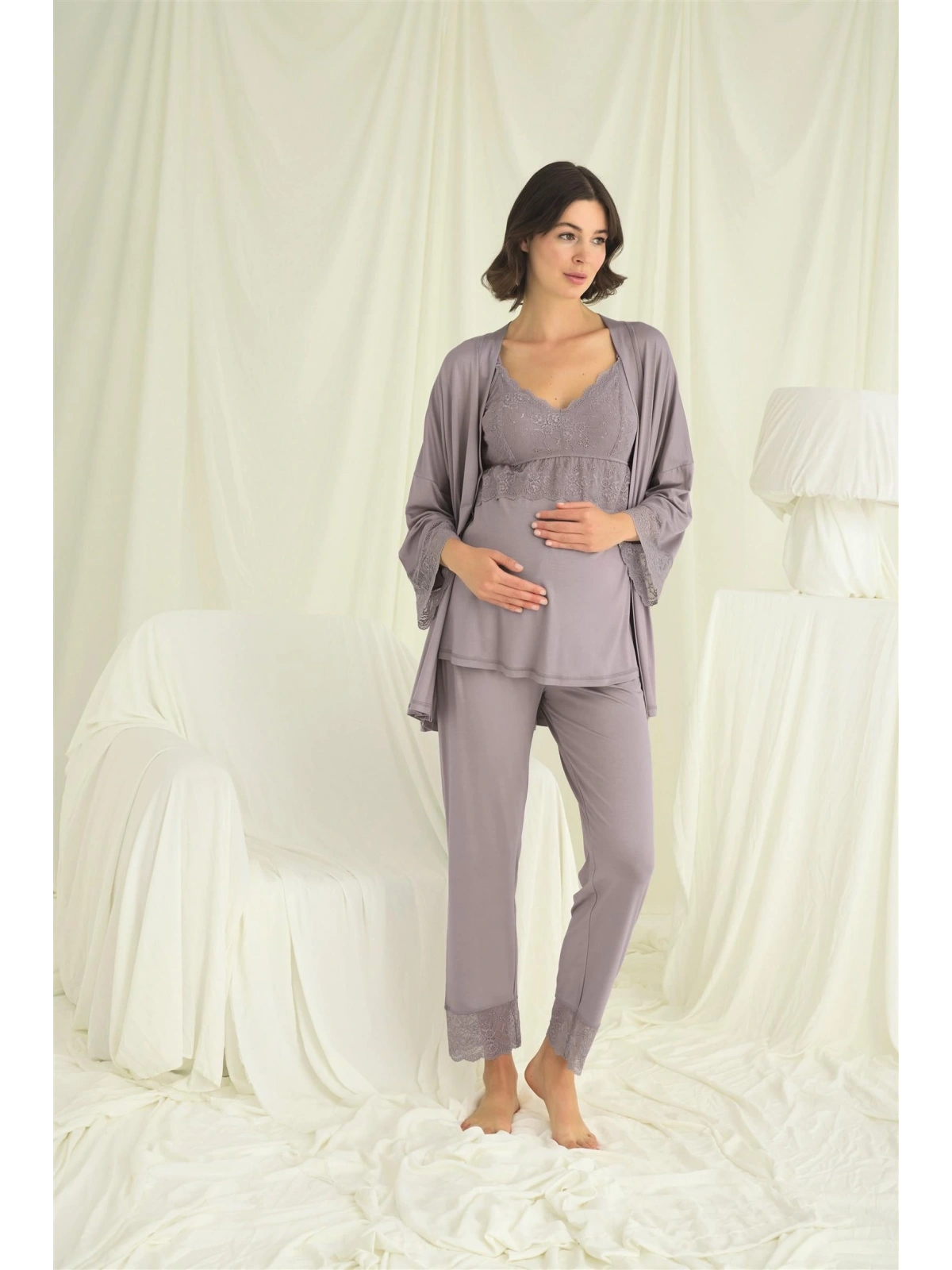 Seraviax Dantelli Hamile Lohusa 3lü Pijama Takımı