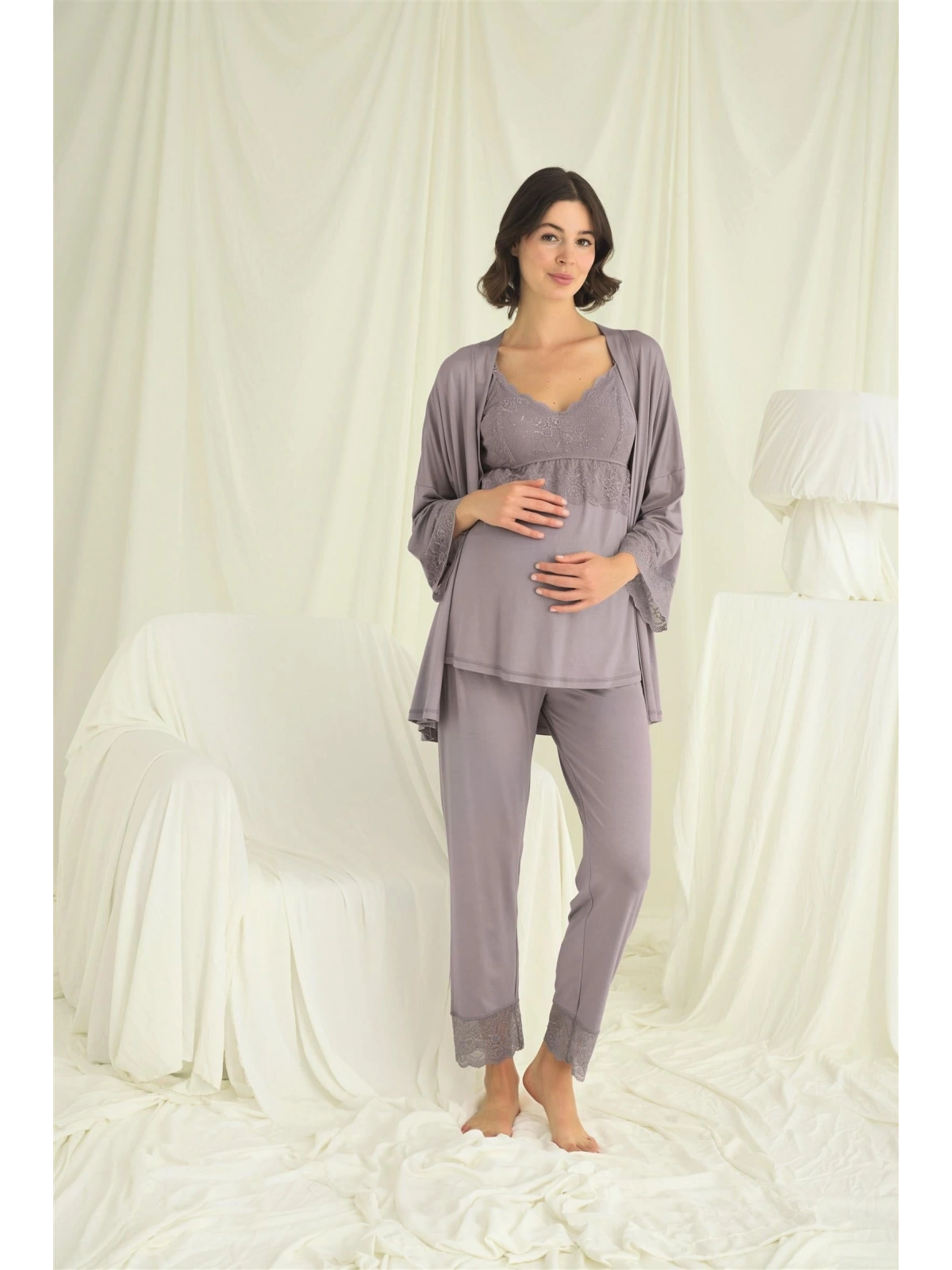 Seraviax Dantelli Hamile Lohusa 3lü Pijama Takımı