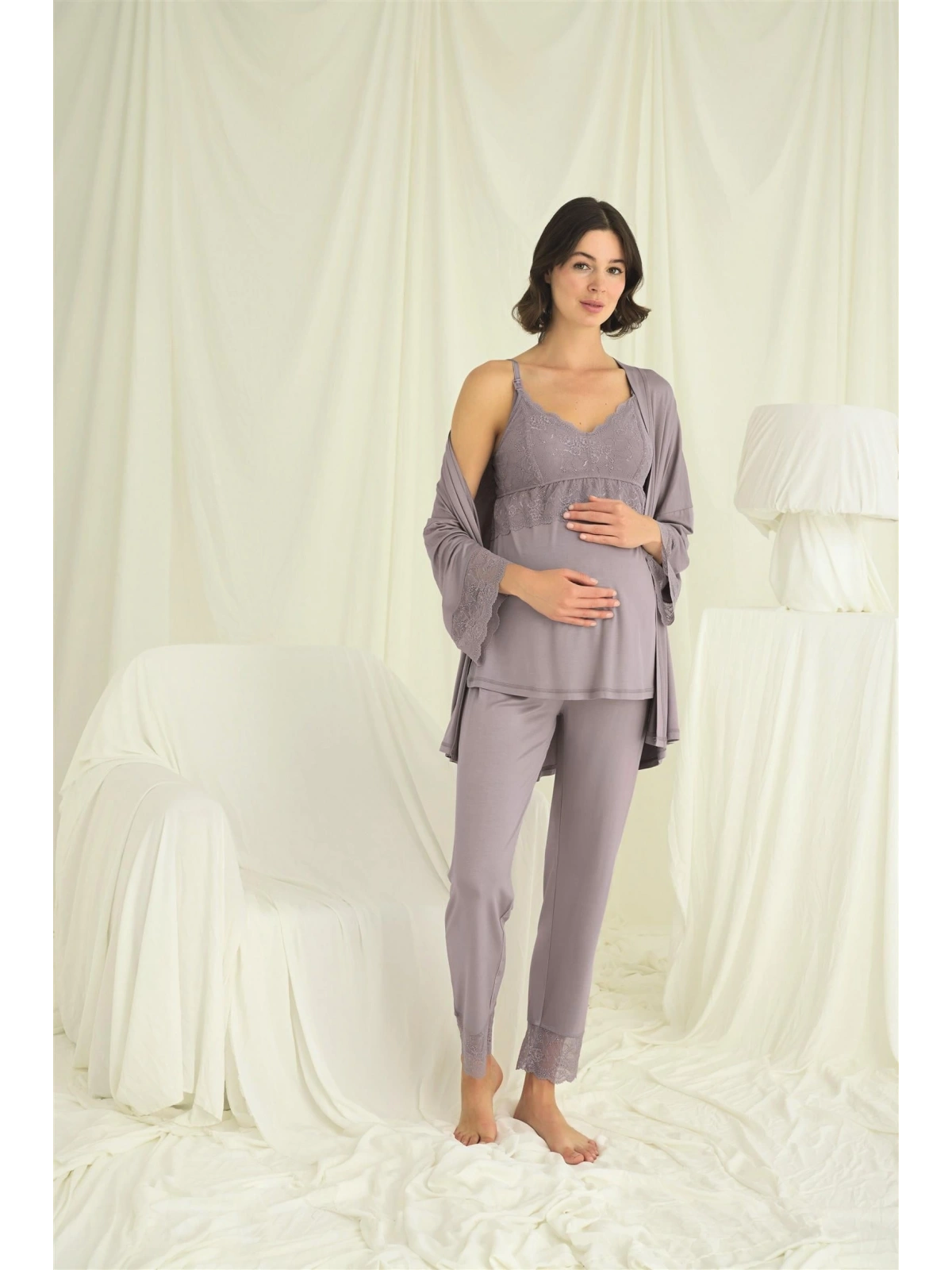 Seraviax Dantelli Hamile Lohusa 3lü Pijama Takımı
