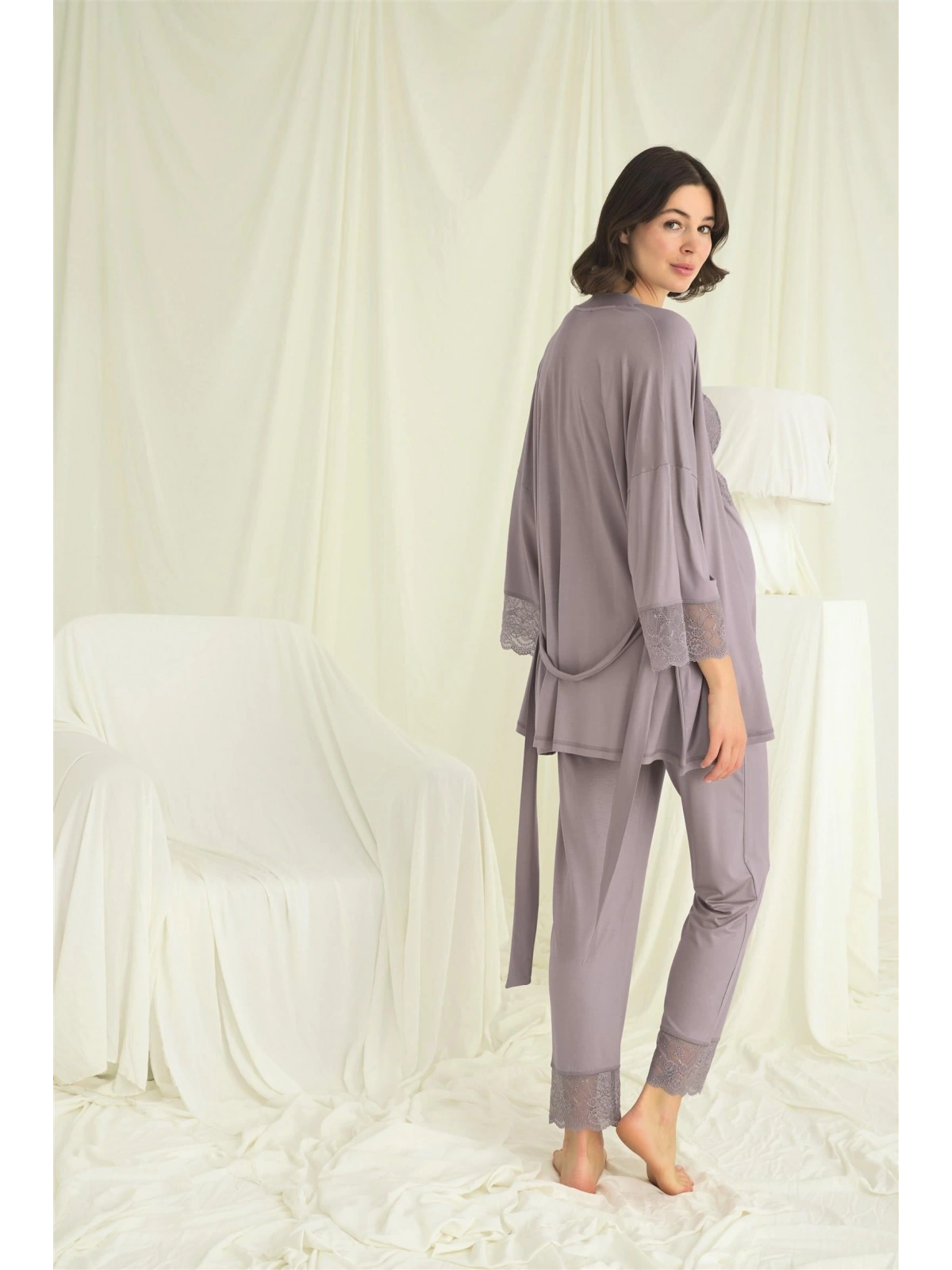 Seraviax Dantelli Hamile Lohusa 3lü Pijama Takımı