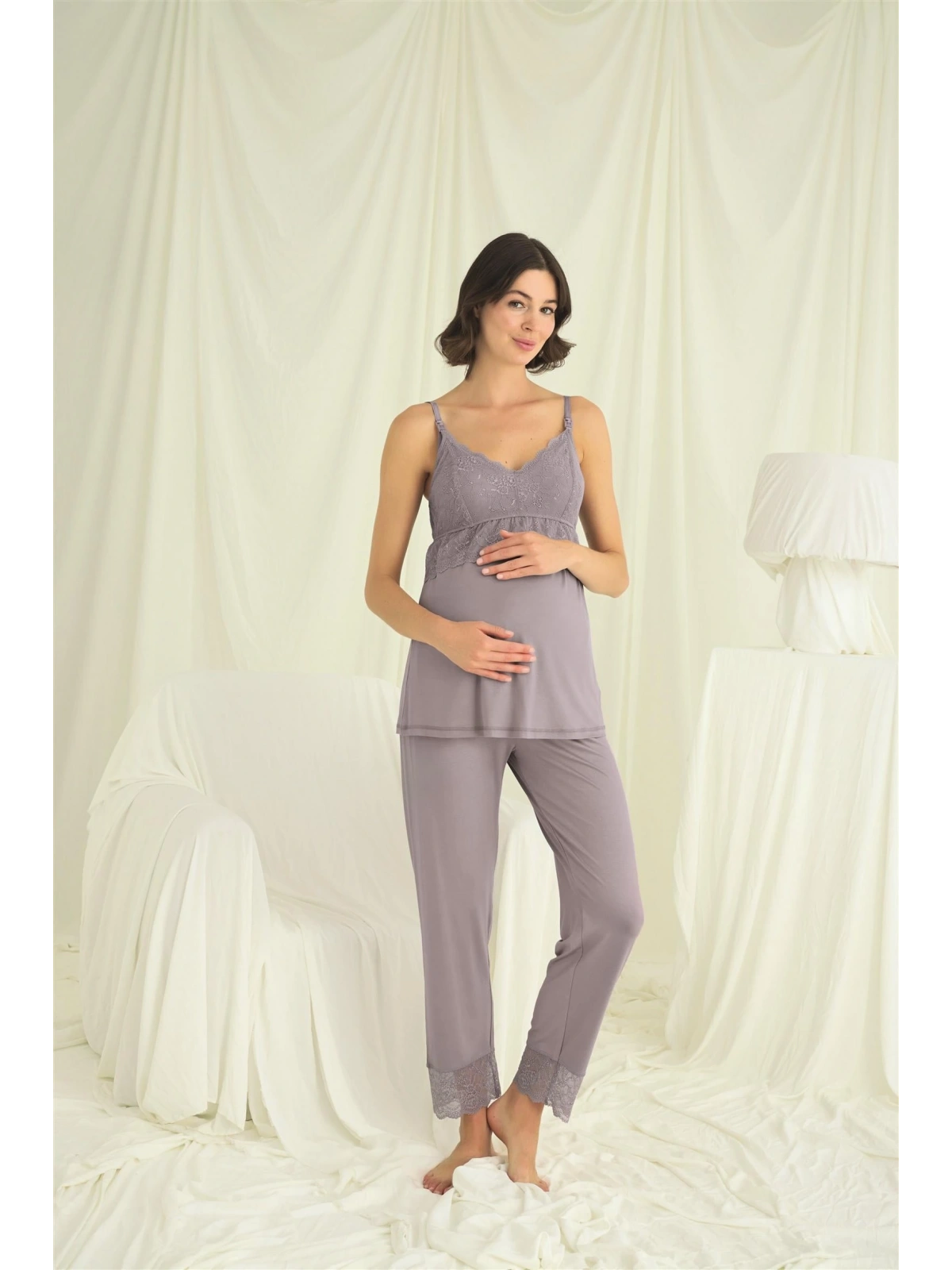 Seraviax Dantelli Hamile Lohusa 3lü Pijama Takımı