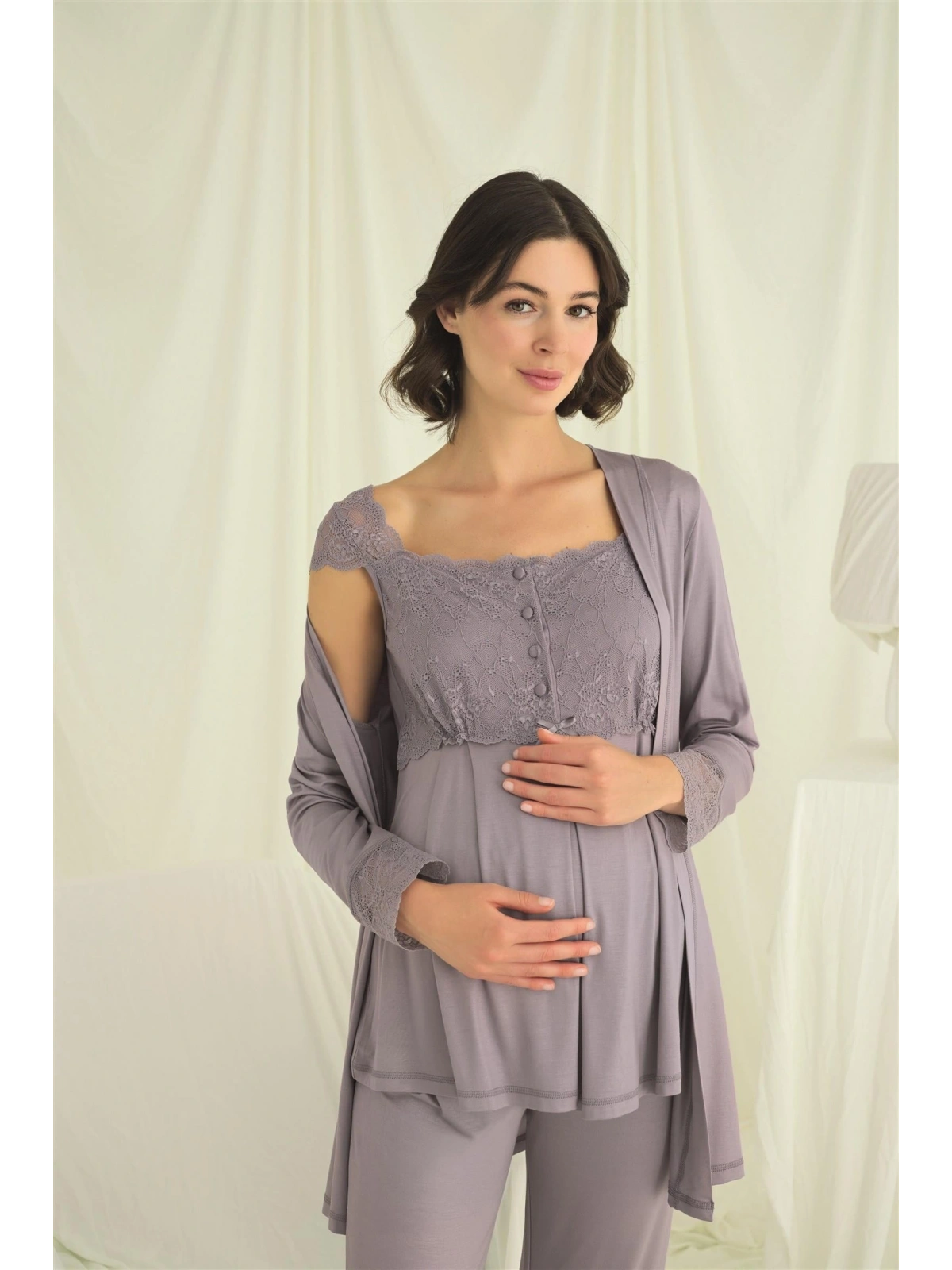 Seraviax Dantelli Önü Düğmeli Hamile Lohusa 3lü Pijama Takımı
