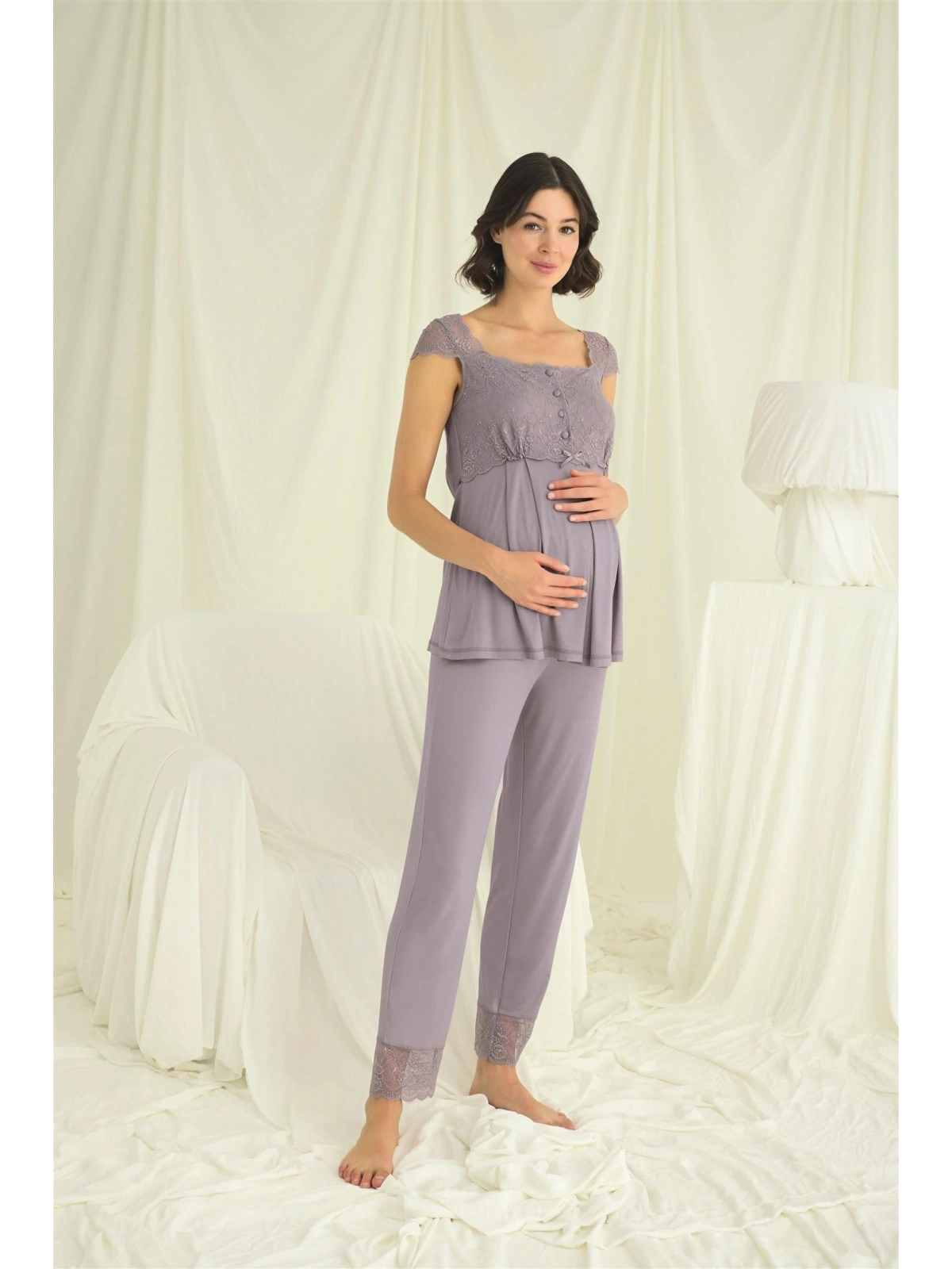 Seraviax Dantelli Önü Düğmeli Hamile Lohusa 3lü Pijama Takımı