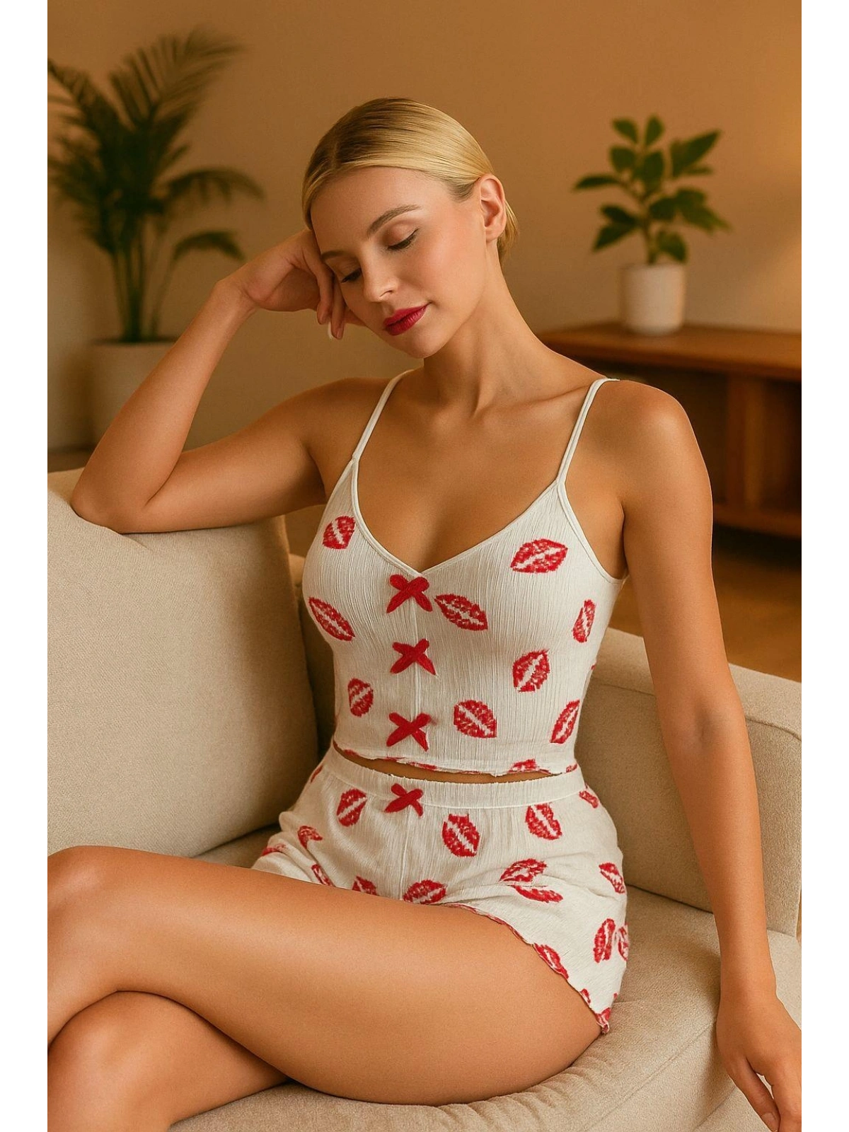 Seraviax Dudak Desenli Şortlu Pijama Takımı