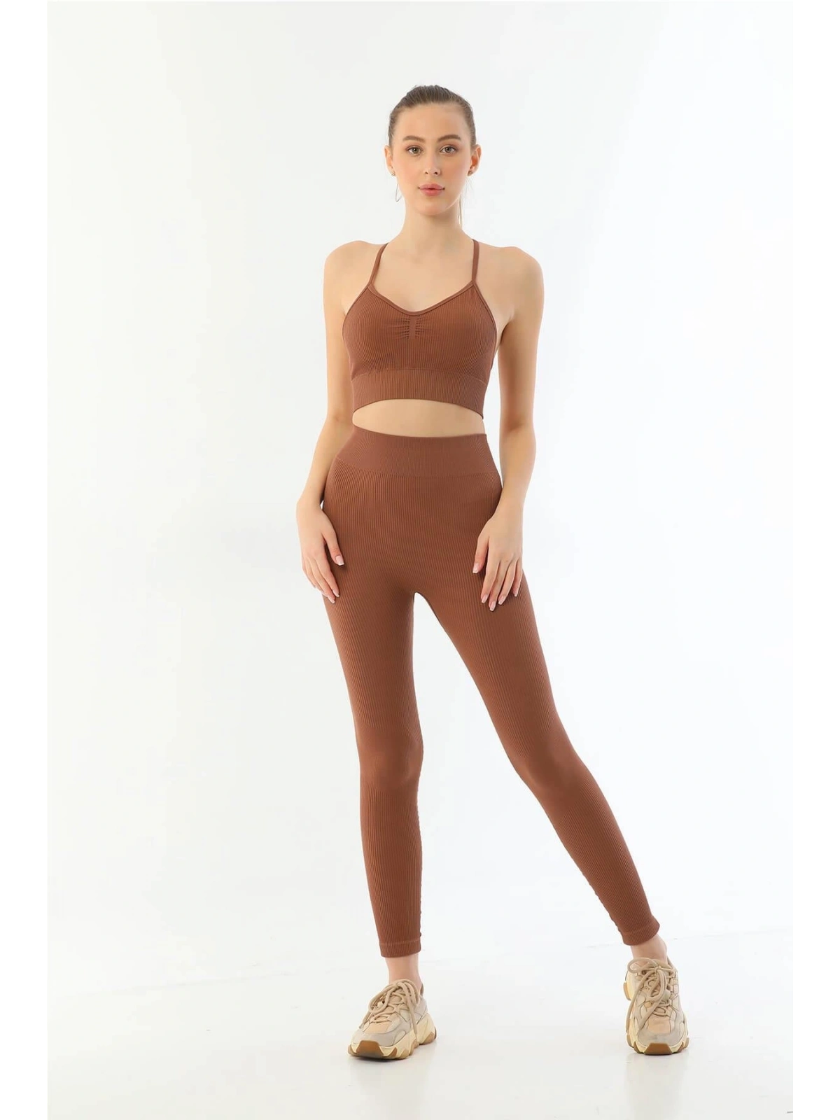 Seraviax Kahve MI Emay 3921 Soft Seamless Ripli Tayt Yoga Takımı
