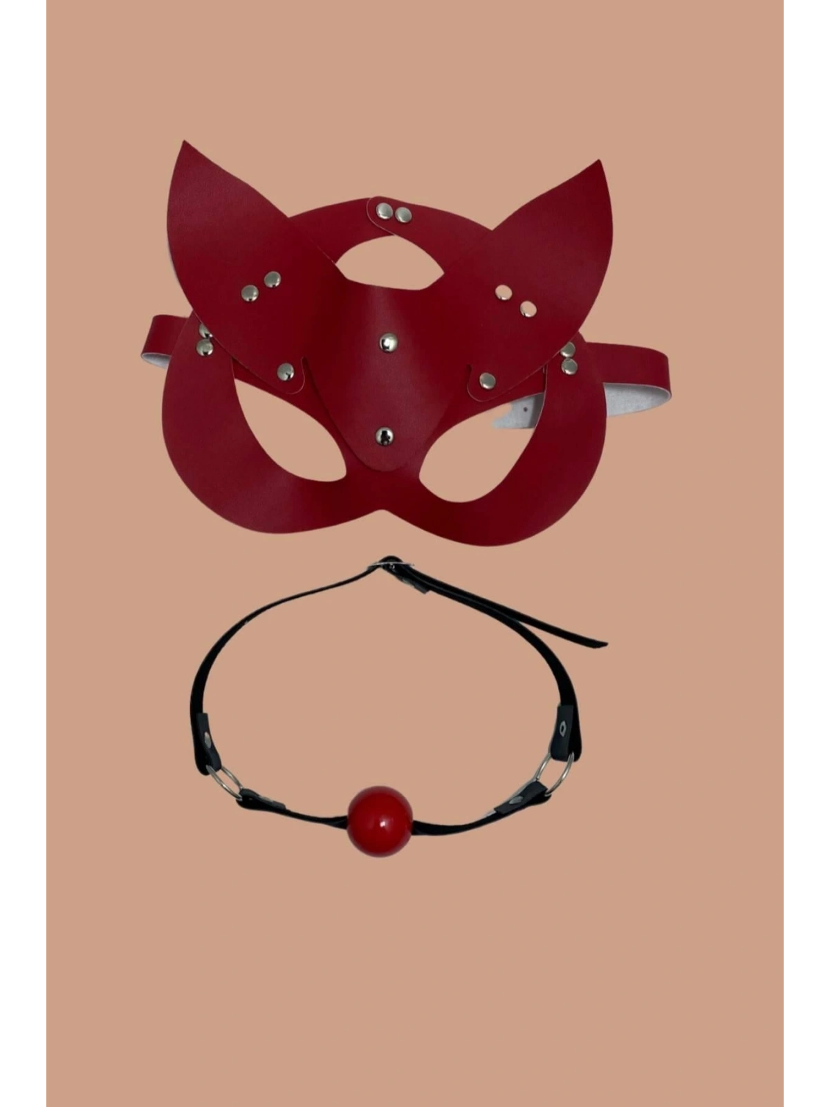 Seraviax Kırmızı Deri Maske ve Ağız Topu Harness Aksesuar