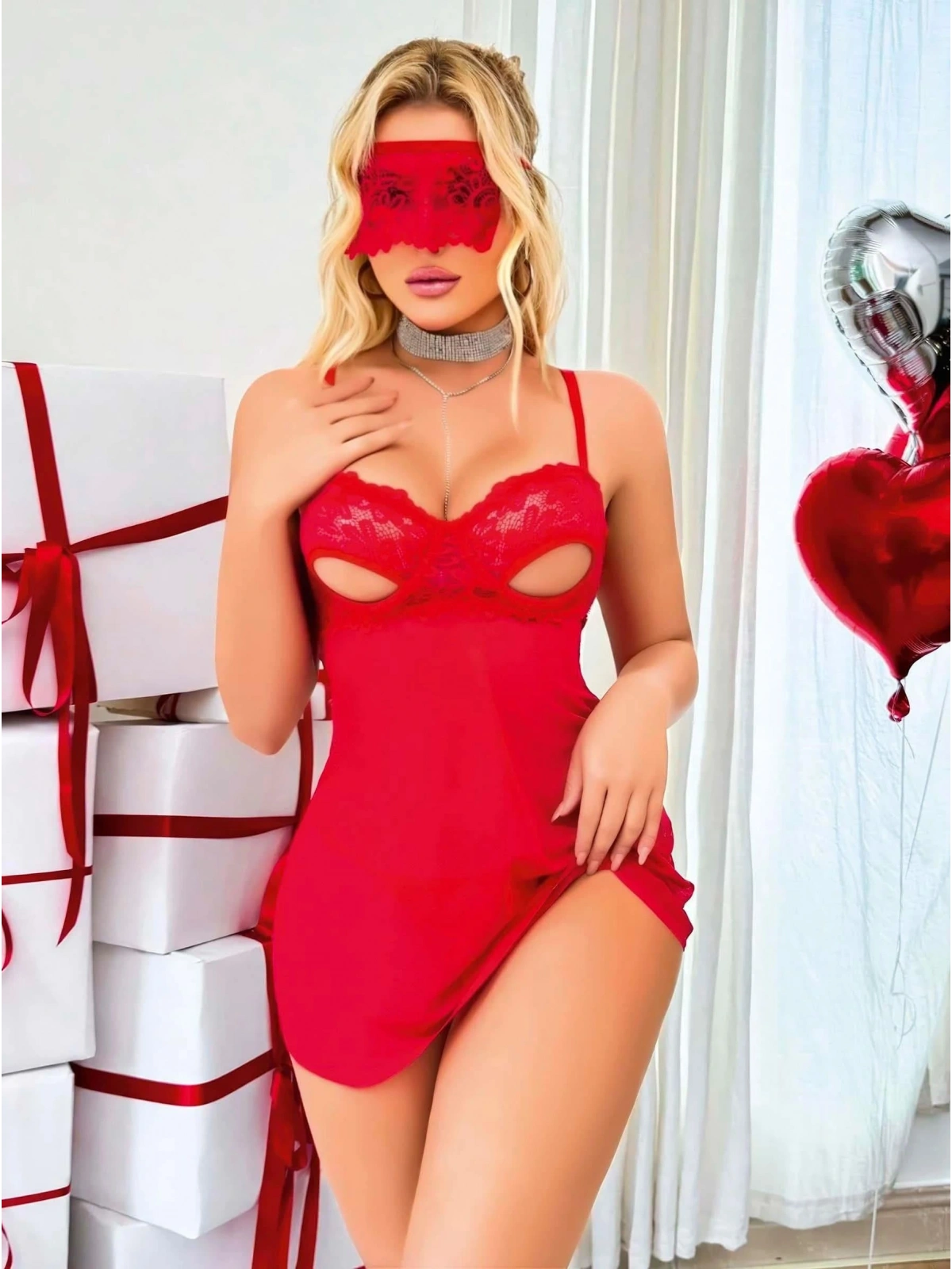 Seraviax Kırmızı Göğüs Dekolteli Göz Bantlı Fantezi String Tül Gecelik Takımı