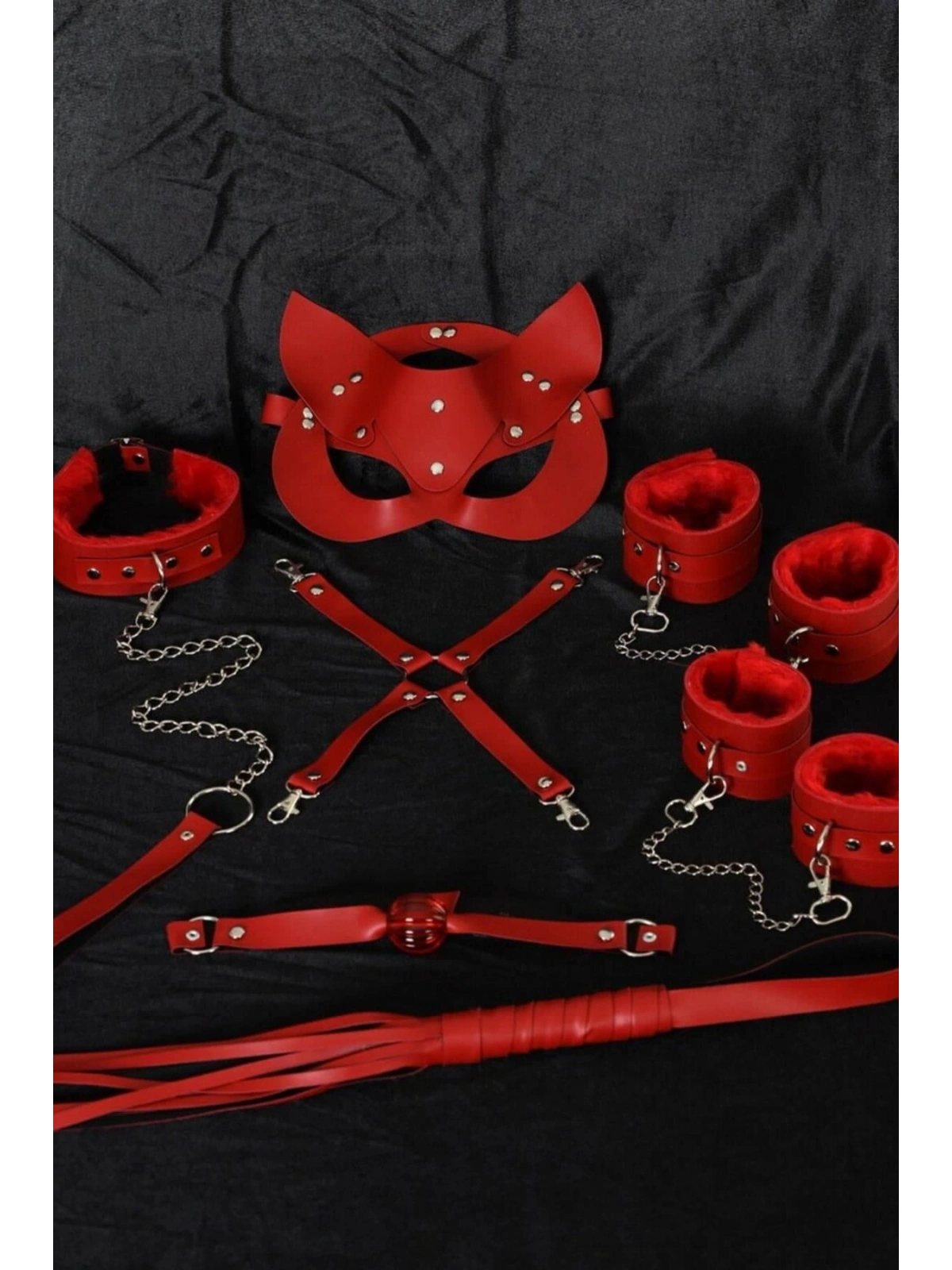 Seraviax Kırmızı İçi Tüylü Maske,Kol,Bacak,Ağız Topu,Kırbaç,Tasma Harness Set