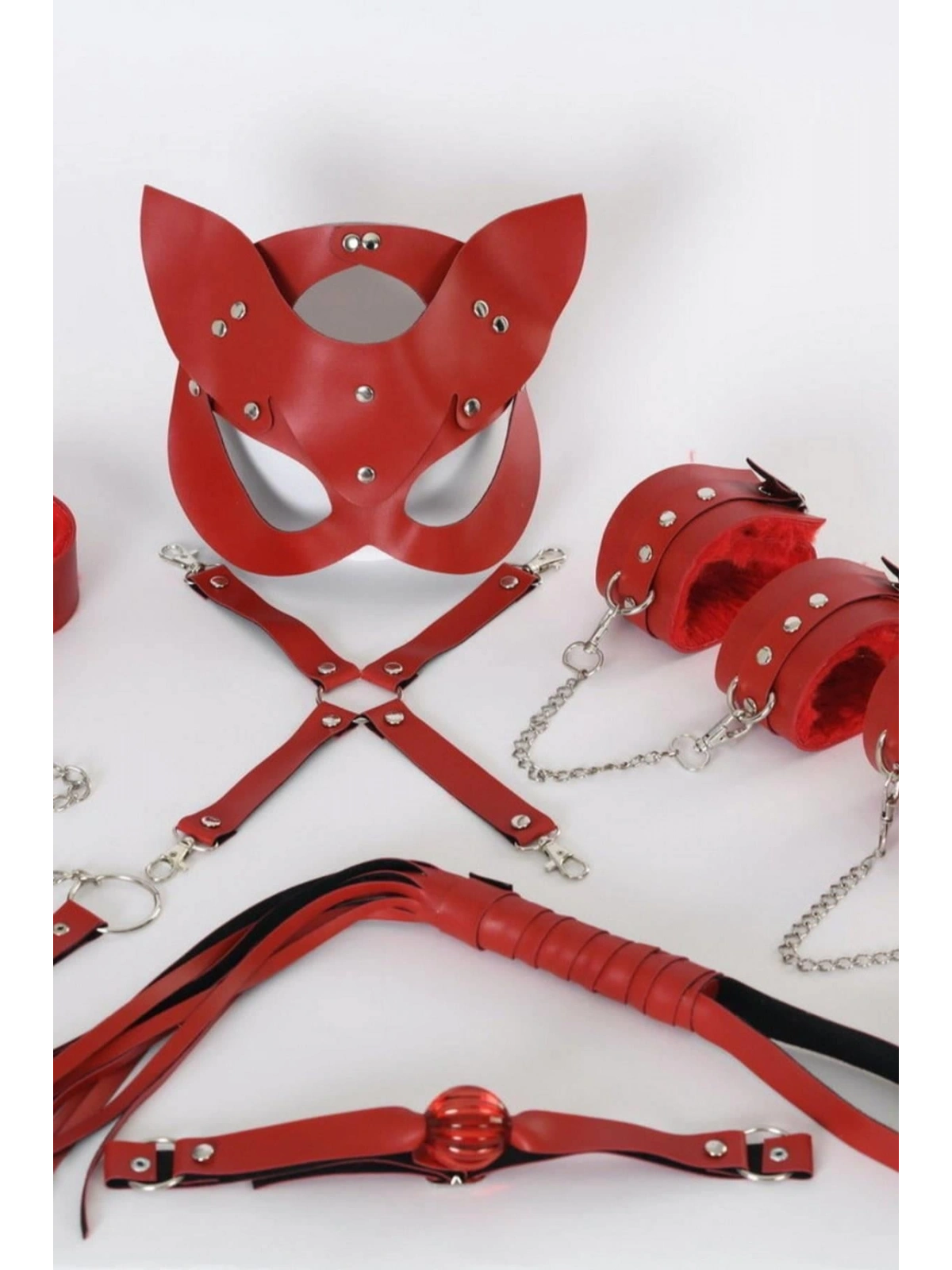 Seraviax Kırmızı İçi Tüylü Maske,Kol,Bacak,Ağız Topu,Kırbaç,Tasma Harness Set