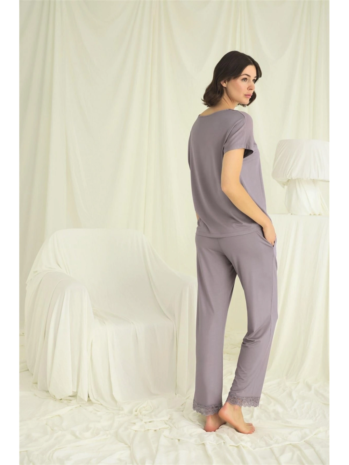 Seraviax Kısa Kollu V Yakalı Dantelli Pijama Takımı