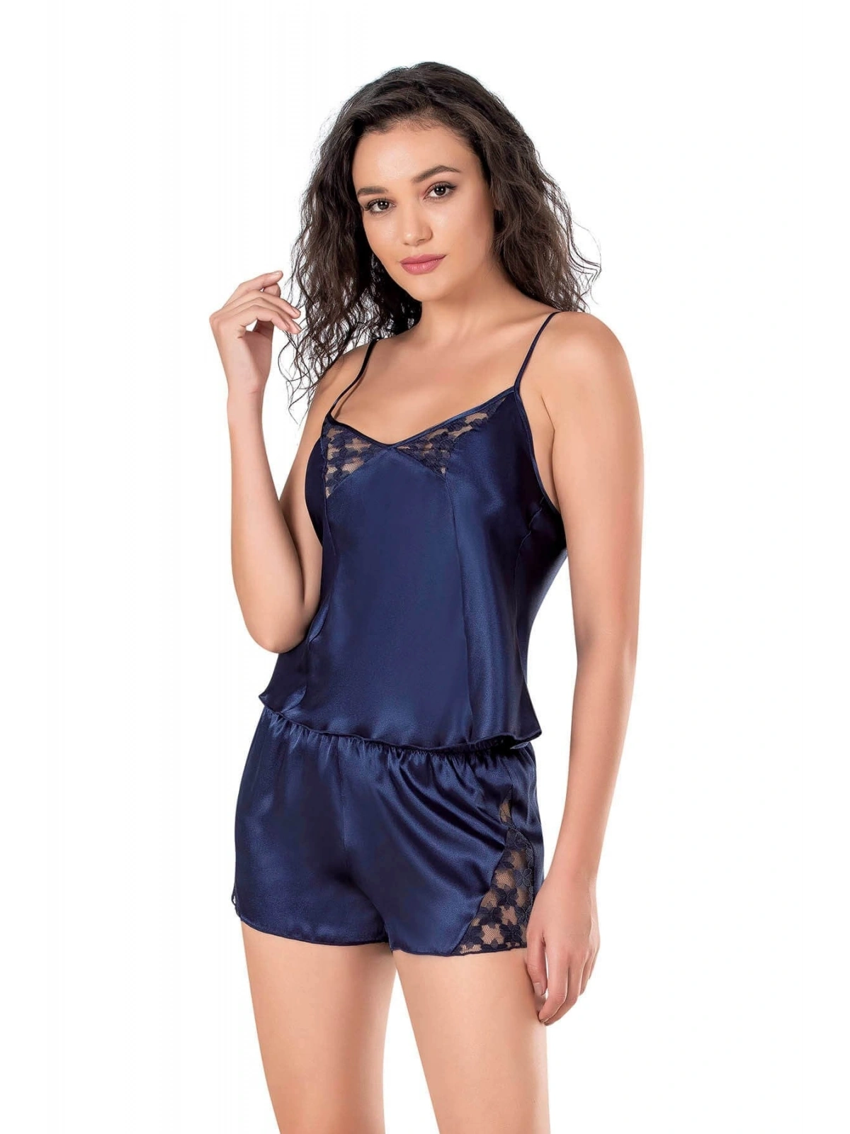Seraviax Lacivert Saten Babydoll Şort Takımı