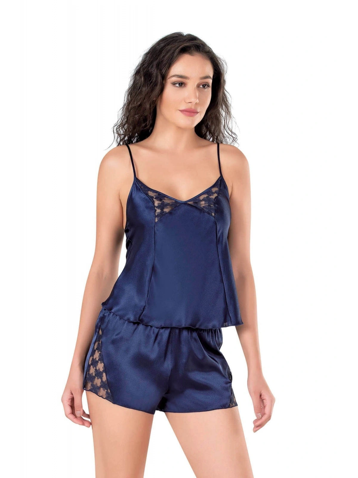 Seraviax Lacivert Saten Babydoll Şort Takımı