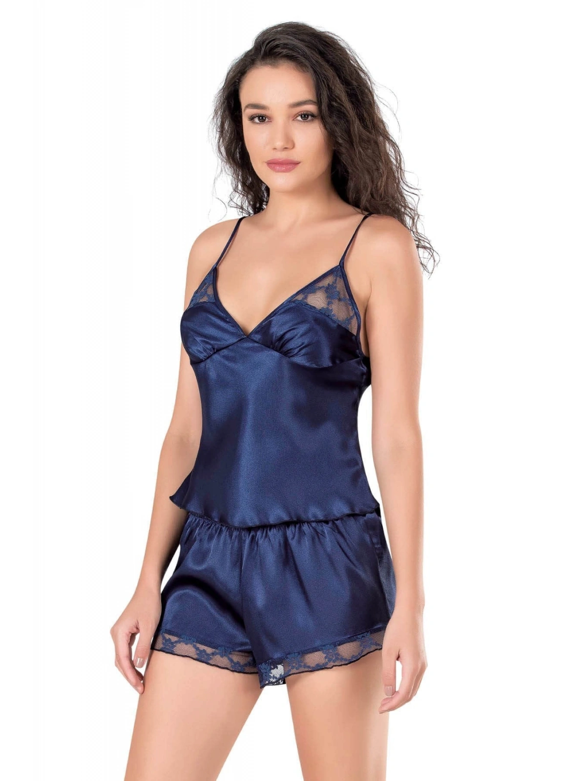 Seraviax Lacivert Saten Babydoll Şort Takımı