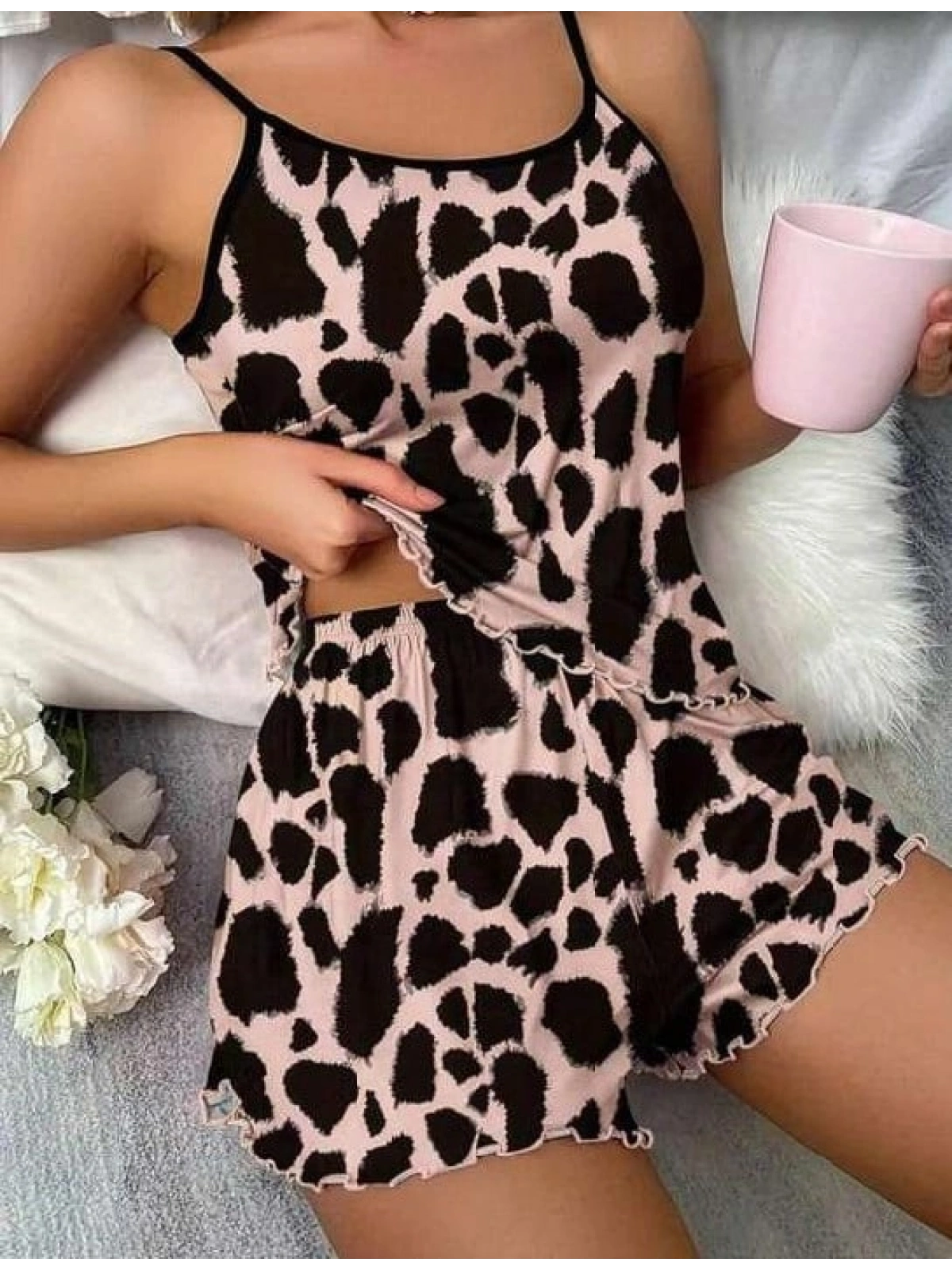 Seraviax Leopar Desenli Askılı Şortlu Pijama Takımı