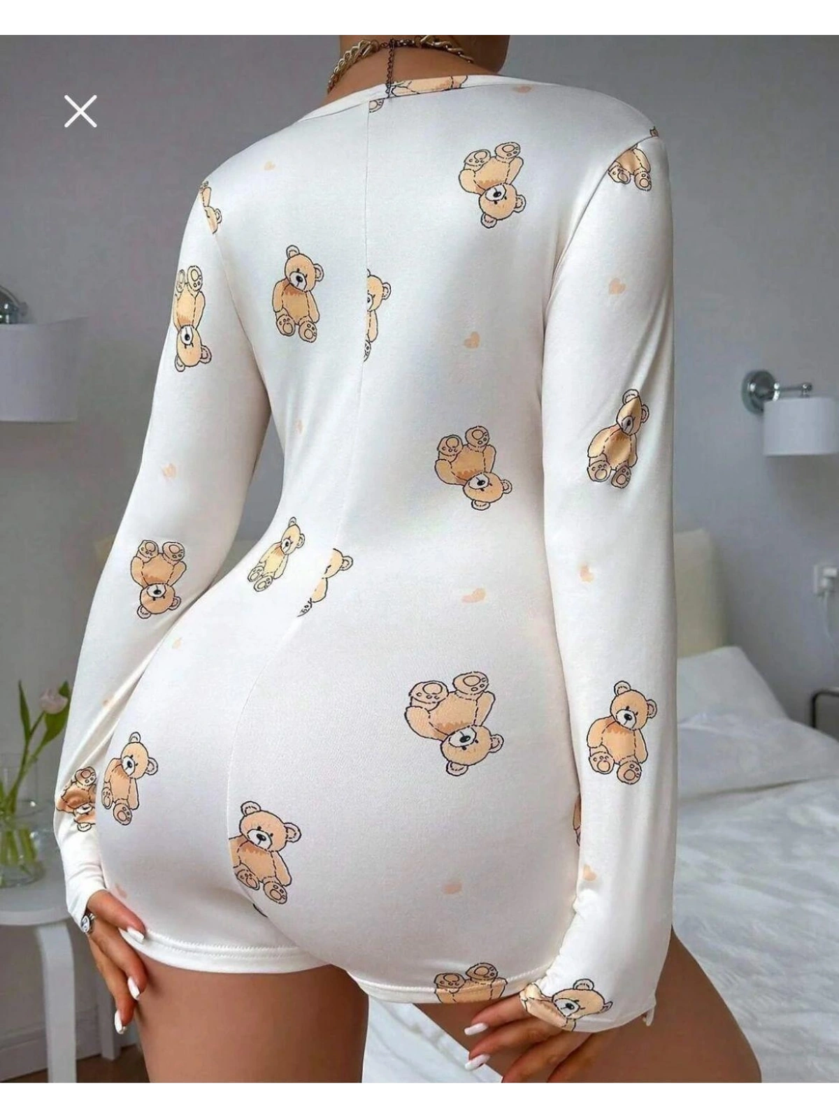 Seraviax Pamuklu Beyaz Ayıcık Desenli Düğmeli Uzun Kol Tulum Pijama