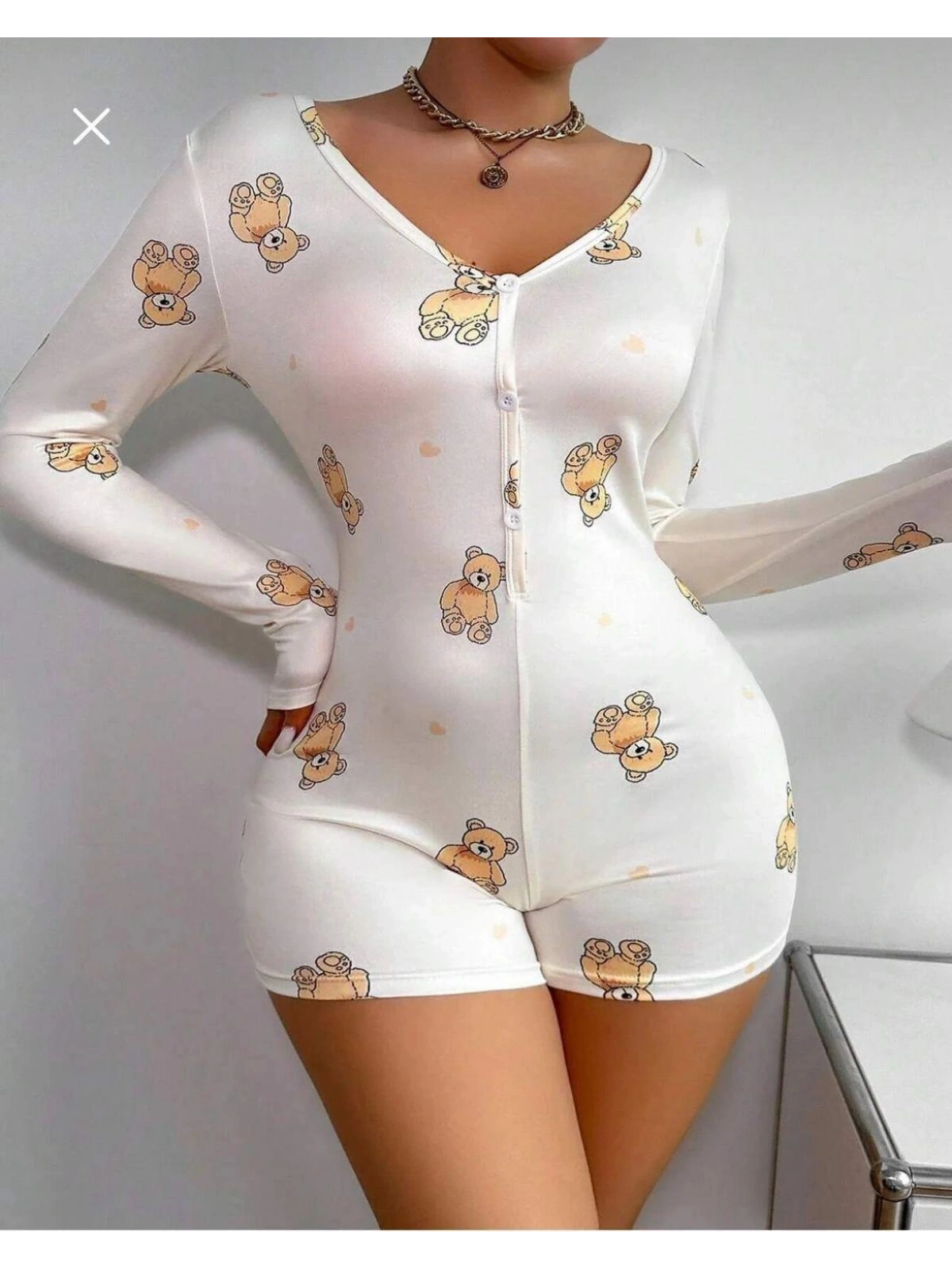 Seraviax Pamuklu Beyaz Ayıcık Desenli Düğmeli Uzun Kol Tulum Pijama