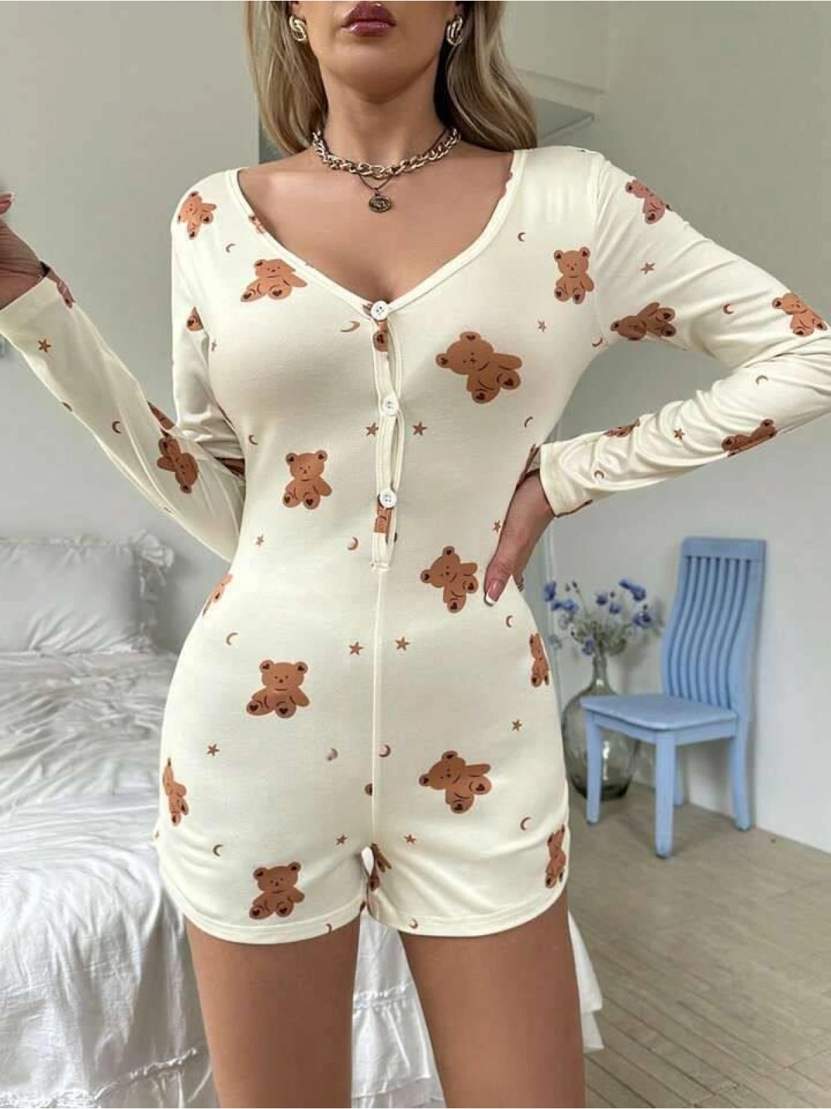 Seraviax Pamuklu Ekru Ayıcık Desenli Düğmeli Tulum Pijama