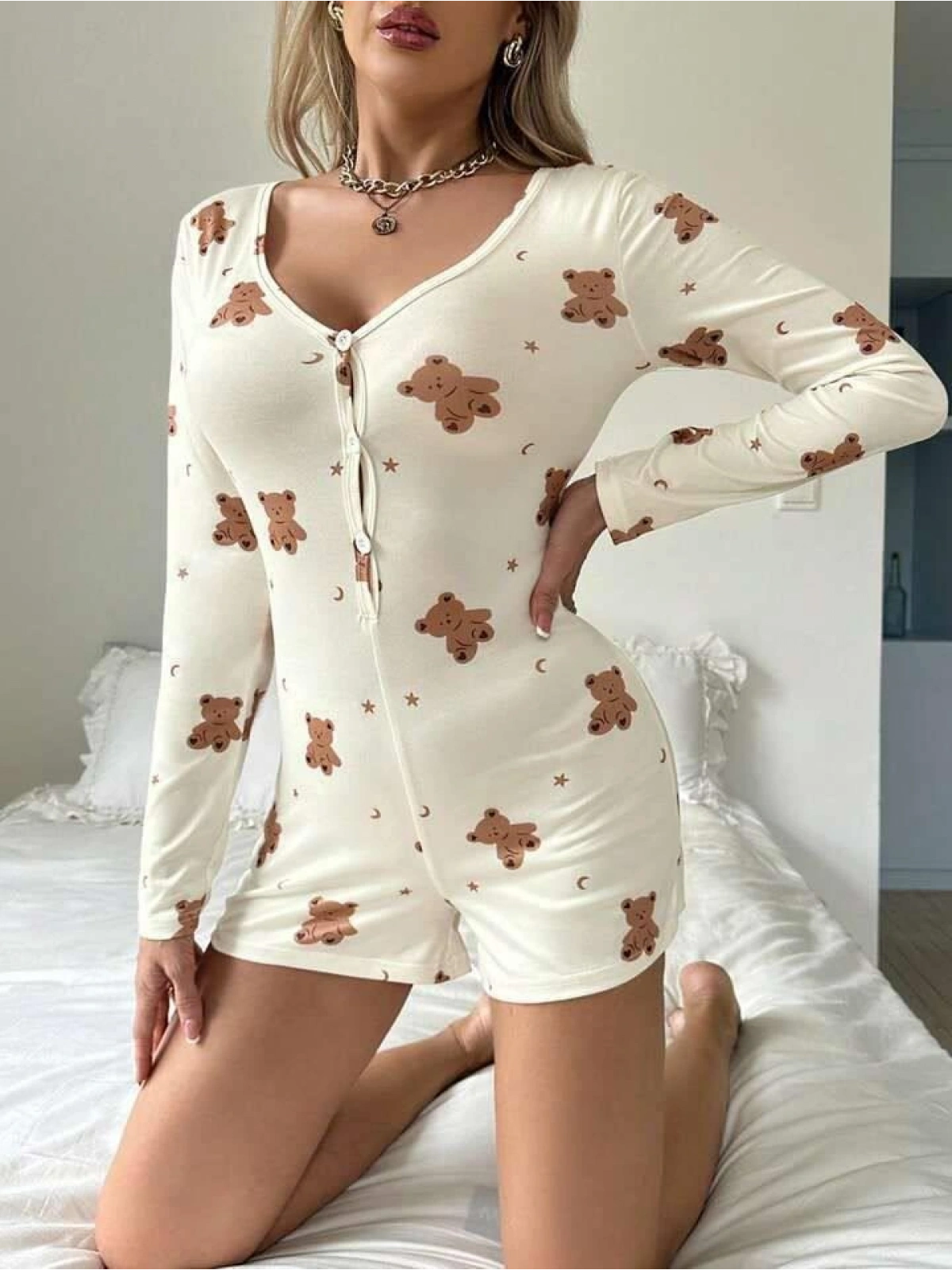 Seraviax Pamuklu Ekru Ayıcık Desenli Düğmeli Tulum Pijama