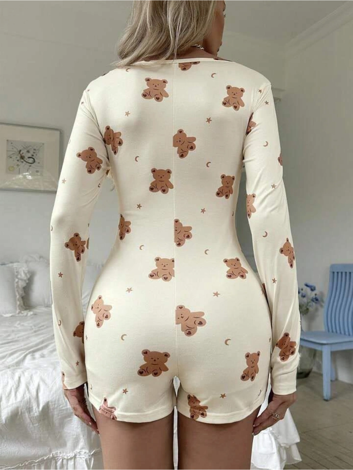 Seraviax Pamuklu Ekru Ayıcık Desenli Düğmeli Tulum Pijama