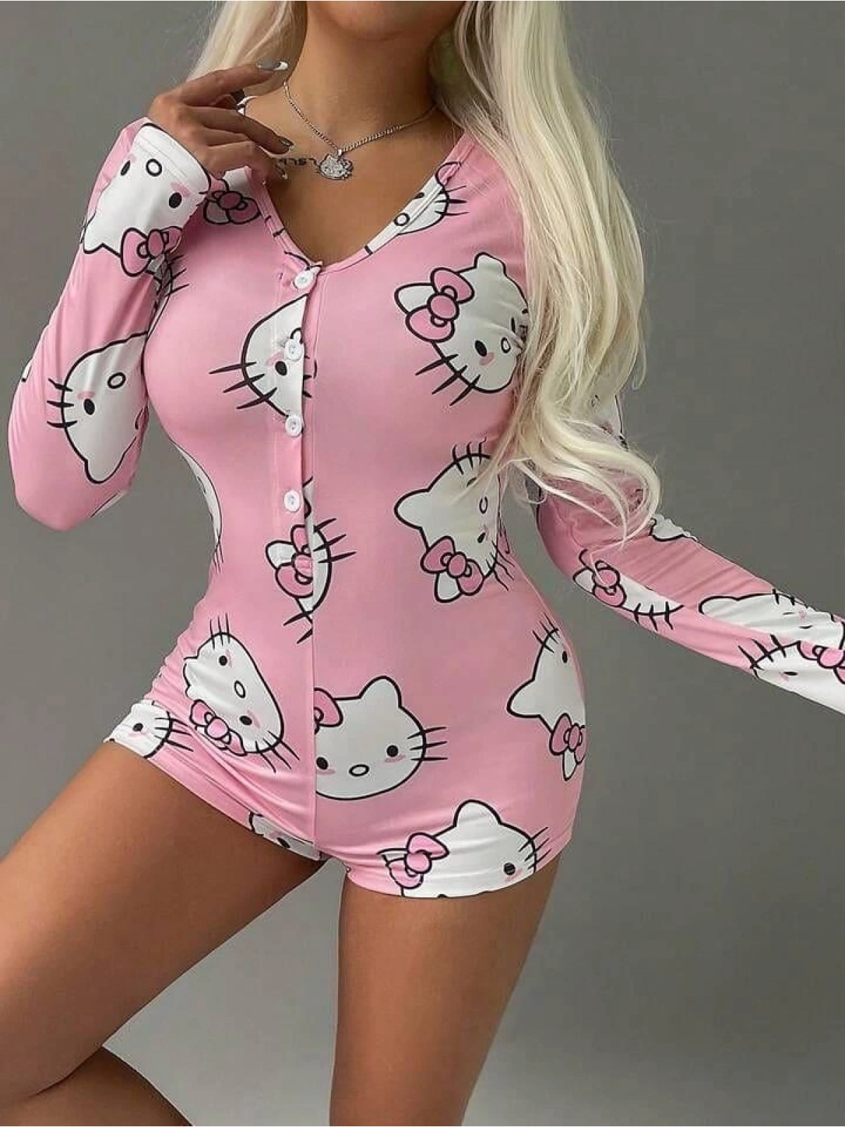 Seraviax Pamuklu Pembe Hello Kitty Desenli Düğmeli Uzun Kol Tulum Pijama