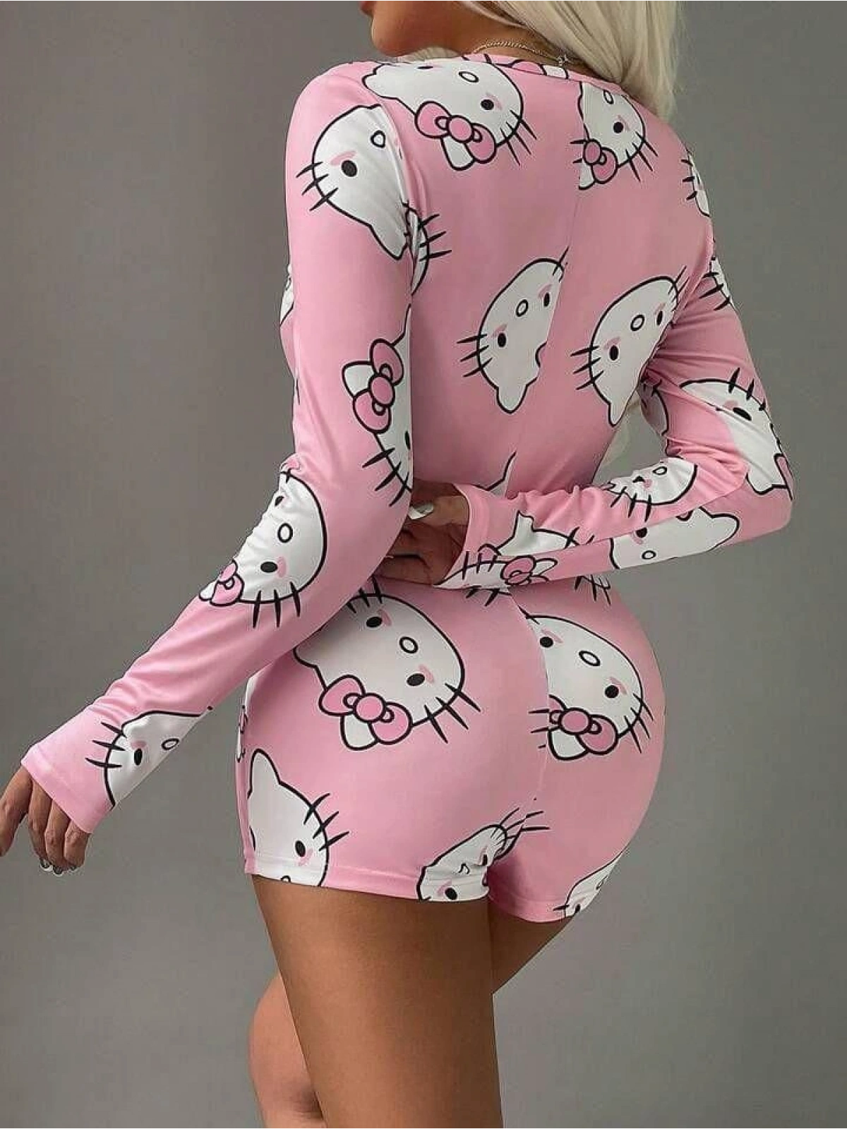 Seraviax Pamuklu Pembe Hello Kitty Desenli Düğmeli Uzun Kol Tulum Pijama