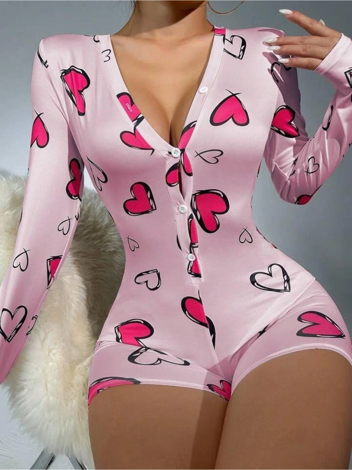 Seraviax Pamuklu Pembe Kalp Desenli Düğmeli Uzun Kol Tulum Pijama