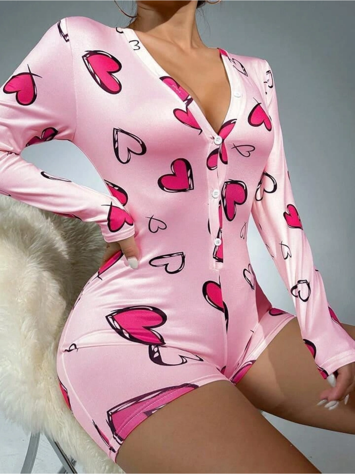 Seraviax Pamuklu Pembe Kalp Desenli Düğmeli Uzun Kol Tulum Pijama