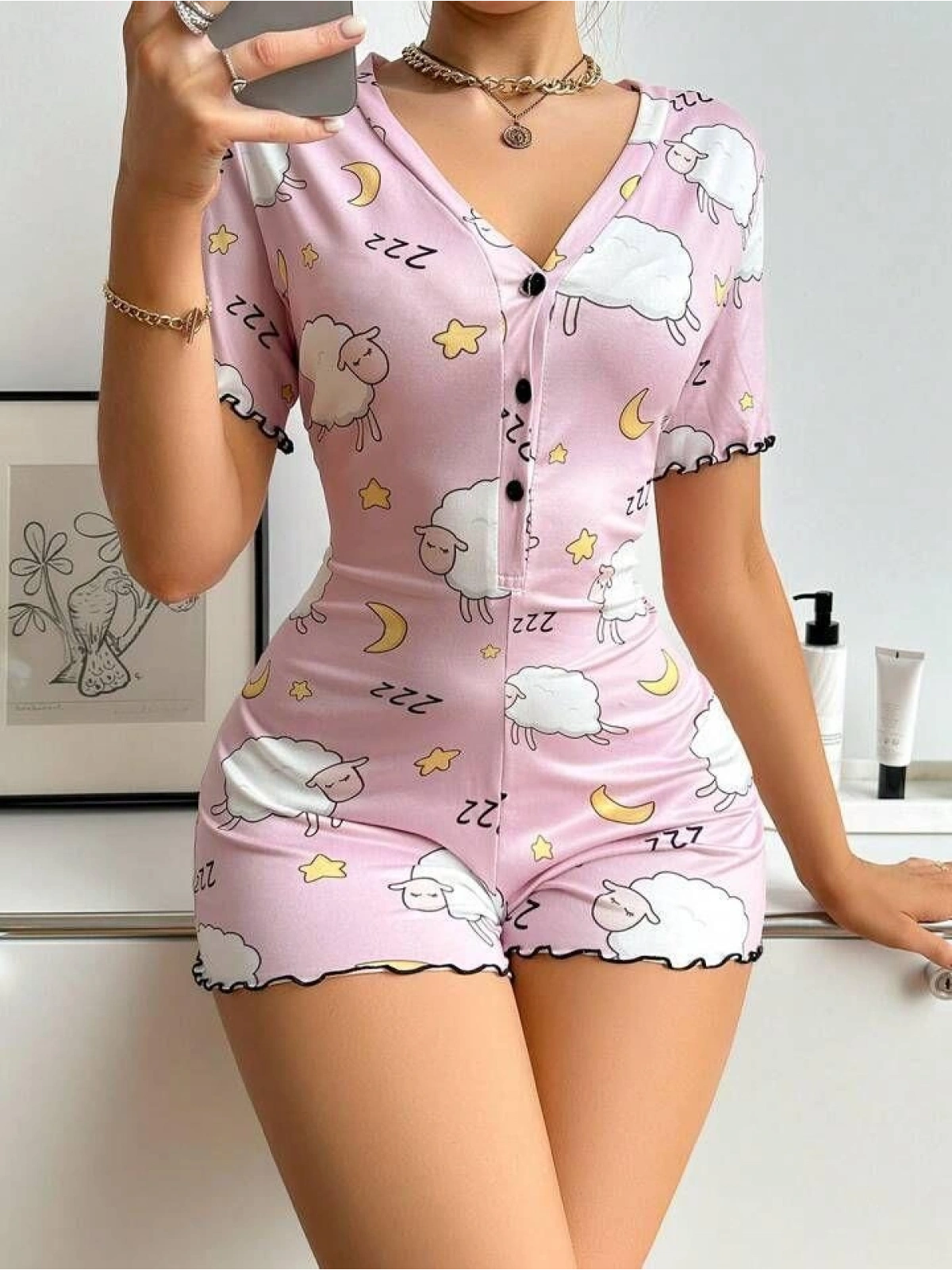 Seraviax Pamuklu Pembe Kuzu Desenli Düğmeli Uzun Kol Tulum Pijama