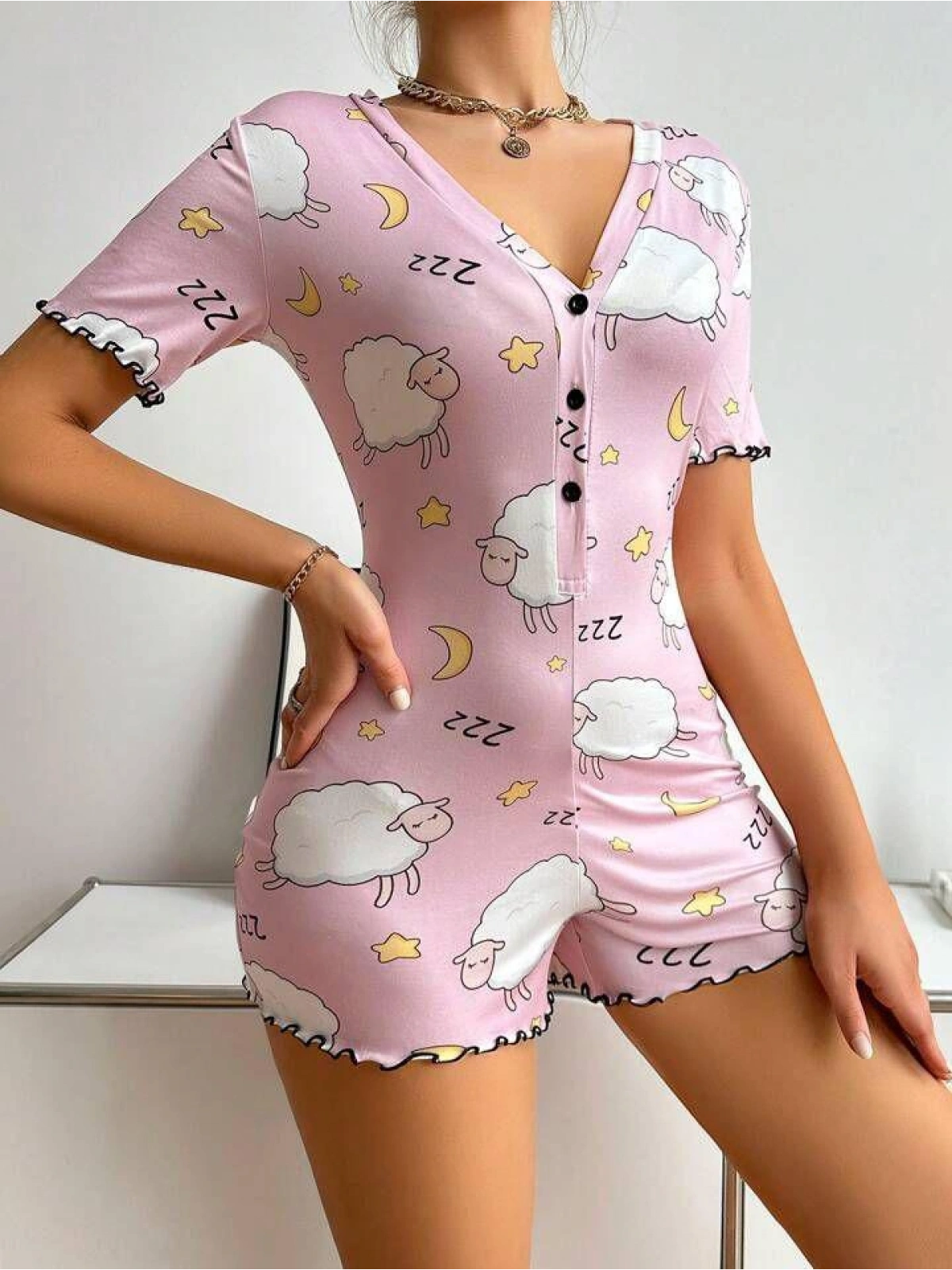 Seraviax Pamuklu Pembe Kuzu Desenli Düğmeli Uzun Kol Tulum Pijama