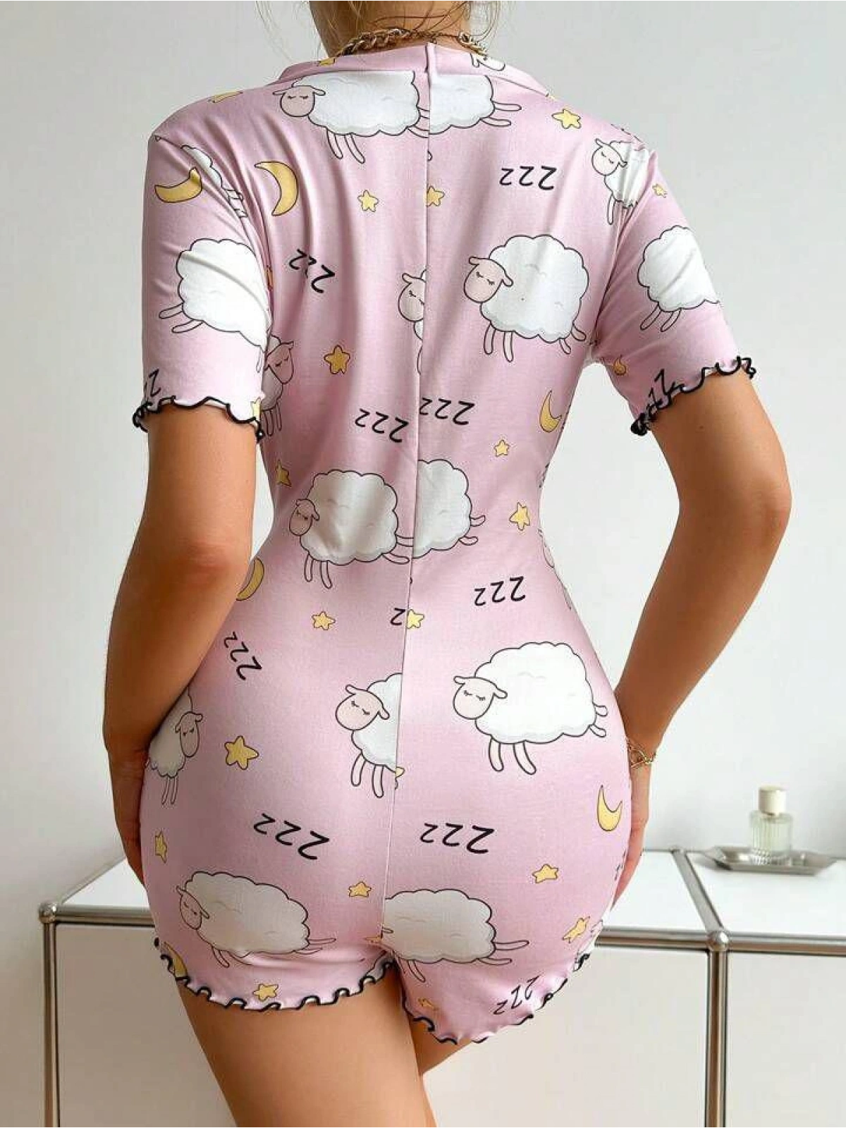 Seraviax Pamuklu Pembe Kuzu Desenli Düğmeli Uzun Kol Tulum Pijama