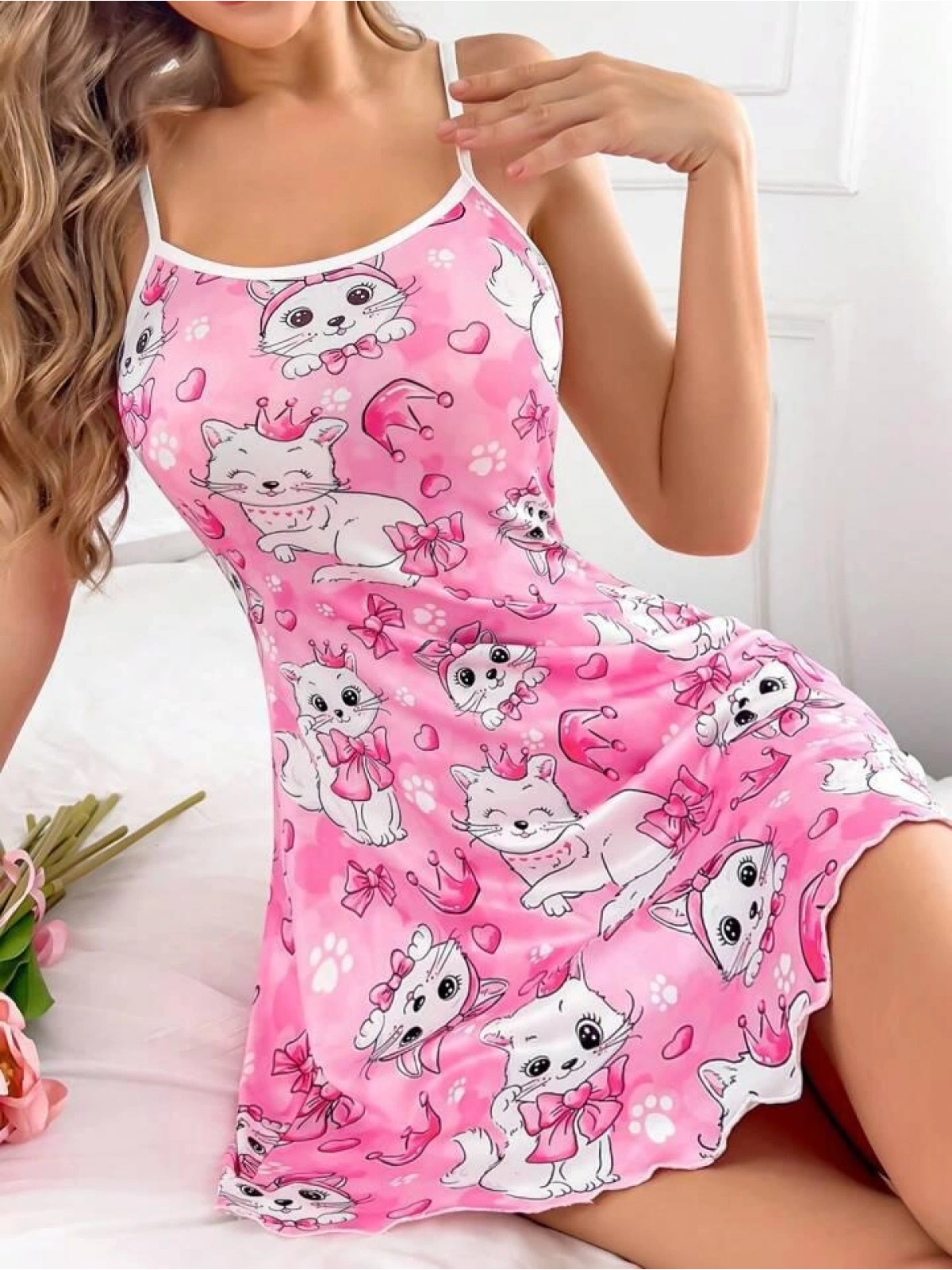 Seraviax Pembe Kedi Desenli Fantezi Gecelik