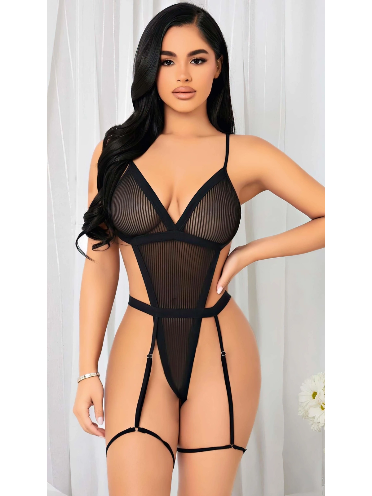 Seraviax Siyah İp Detaylı Tül Fantezi Body