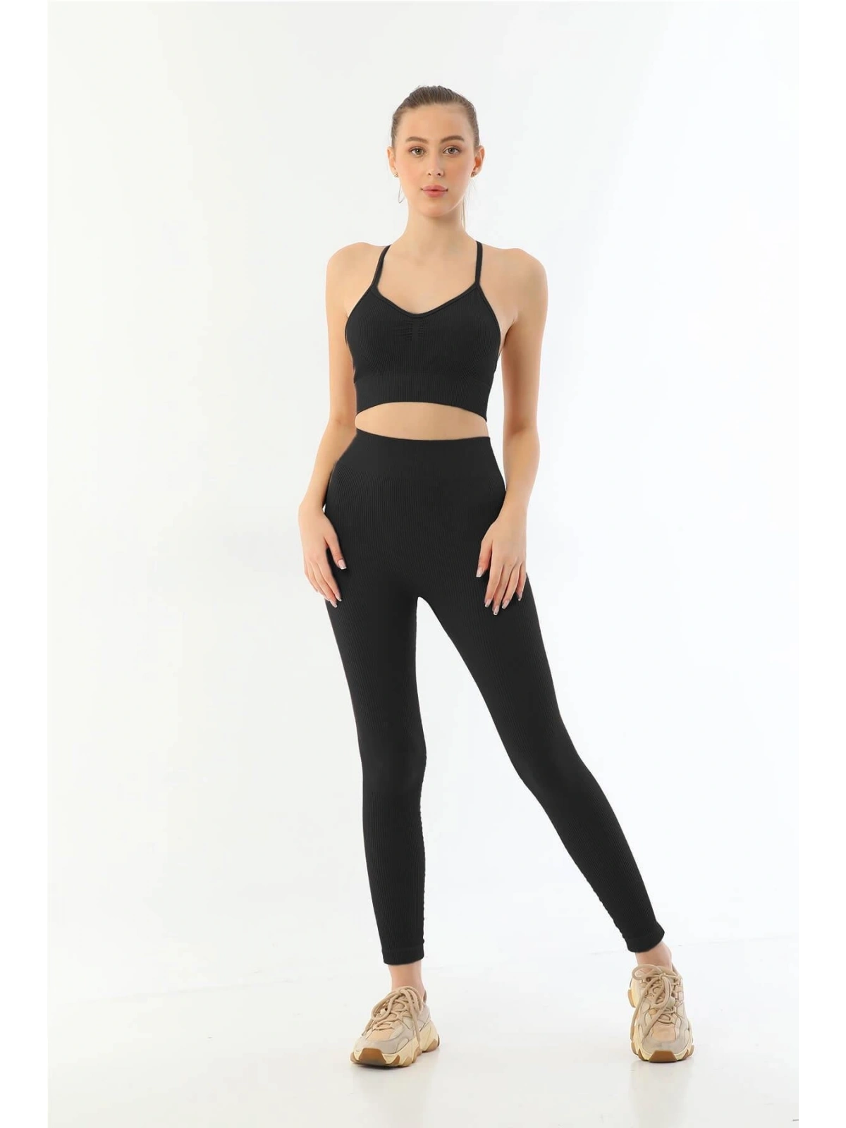 Seraviax Siyah MI Emay 3921 Soft Seamless Ripli Tayt Yoga Takımı