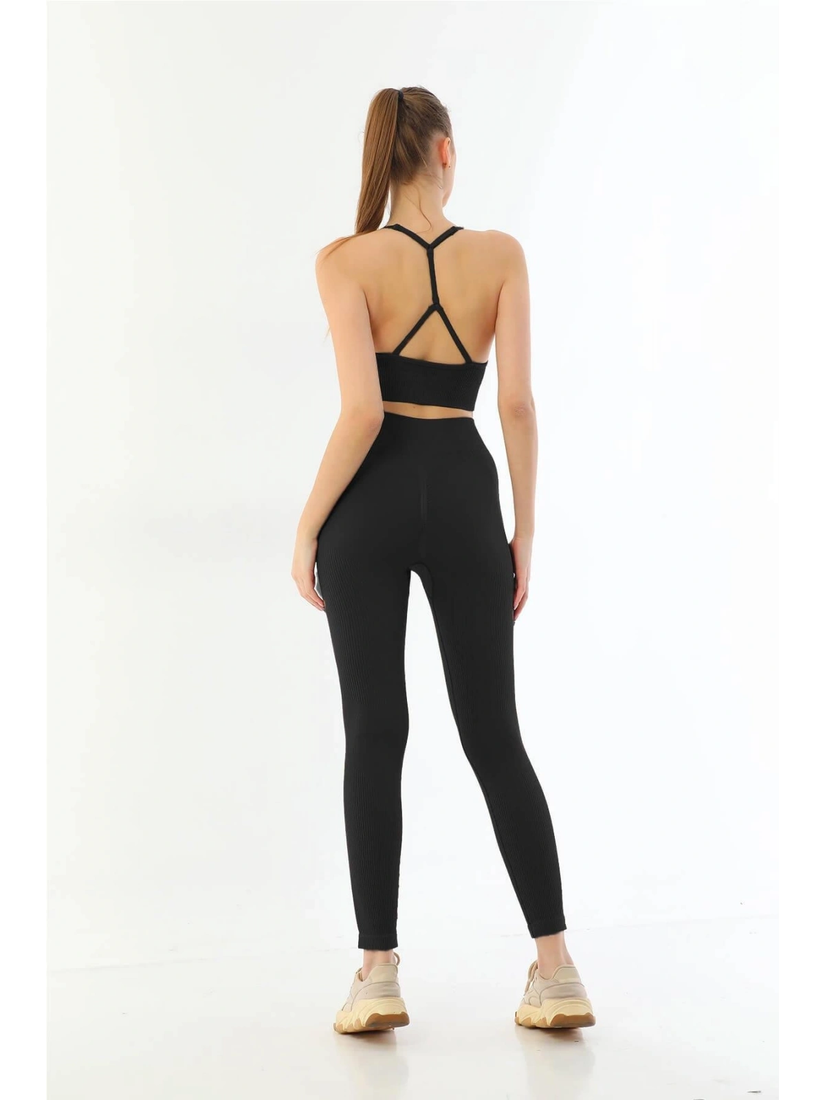 Seraviax Siyah MI Emay 3921 Soft Seamless Ripli Tayt Yoga Takımı