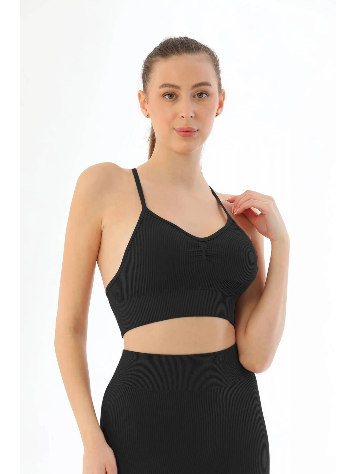 Seraviax Siyah MI Emay 3921 Soft Seamless Ripli Tayt Yoga Takımı