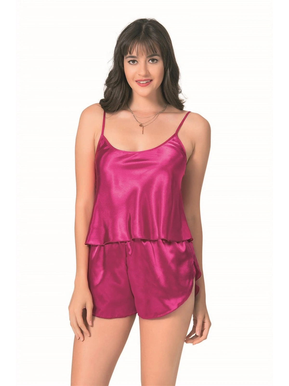 Şık Tasarım Yumuşak Dokulu Vişne Saten Babydoll Şort Takımı