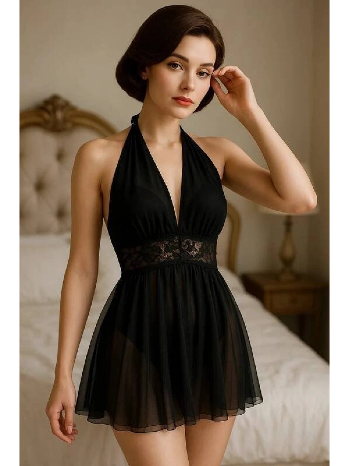 Siyah Dantel Detaylı Transparan Babydoll