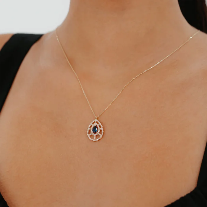 Damla Model Lacivert Taşlı Altın Kolye AAKLY095