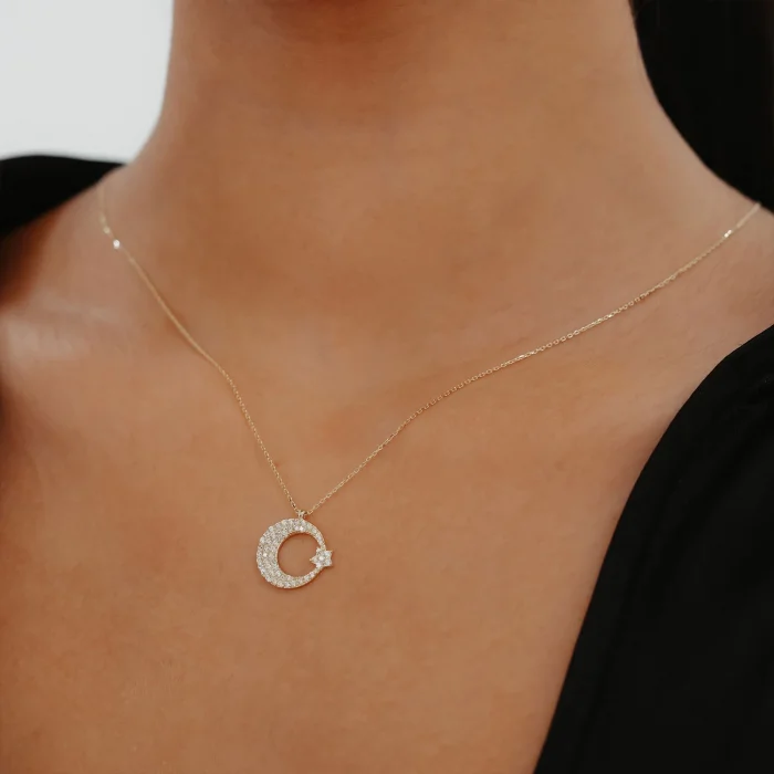 Ful Taş Ay Yıldız Altın Kolye AAKLY047