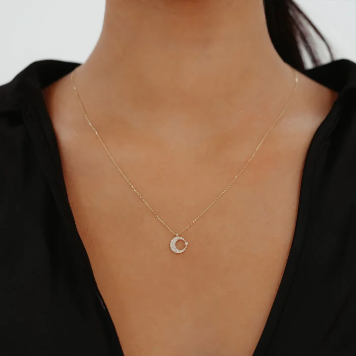 Gold Renk Ful Taşlı Mini Ayyıldız Altın Kolye AAKLY002