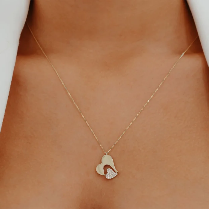 Kalp İçinde Taşlı Küçük Kalp Altın Kolye AAKLY0166