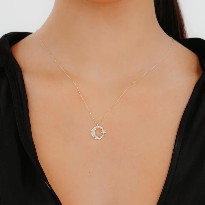 Kenarları Taşlı Ay Yıldız Altın Kolye AAKLY0105