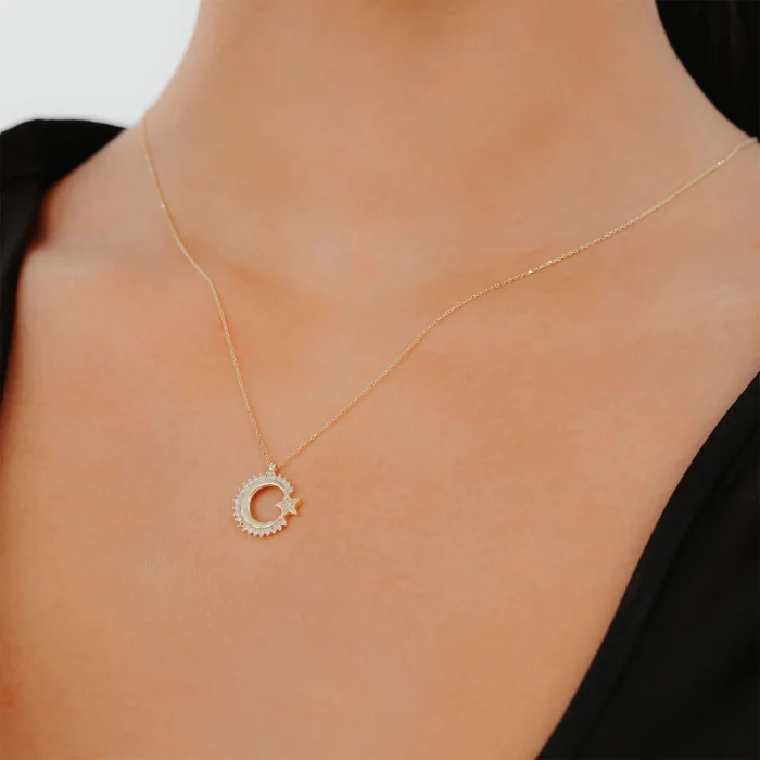 Kenarları Taşlı Ay Yıldız Altın Kolye AAKLY0105