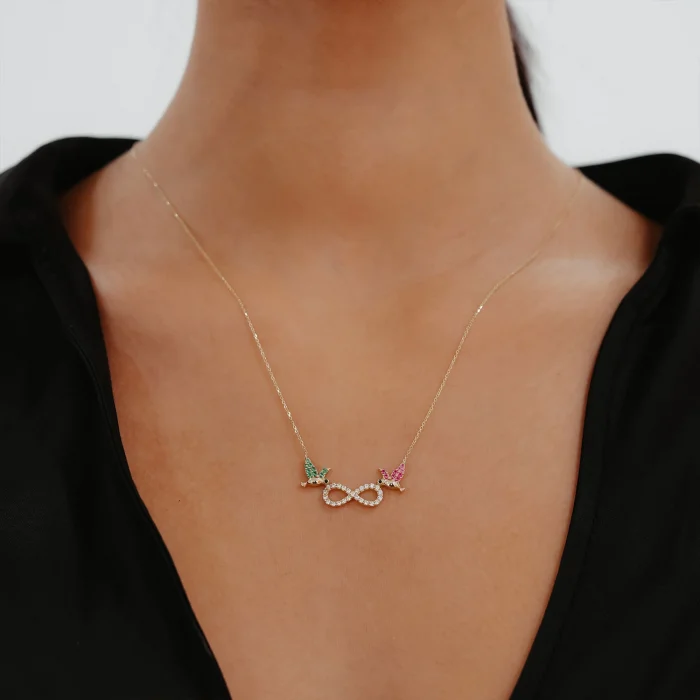 Kuş Detay Taşlı Sonsuzluk Altın Kolye AAKLY091