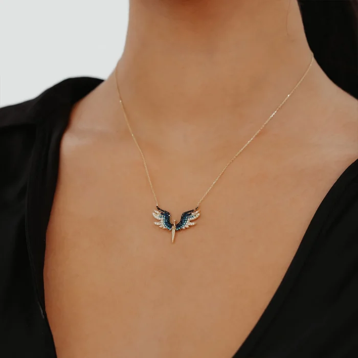 Laci Mavi Taşlı Anka Kuş Altın Kolye AAKLY0125
