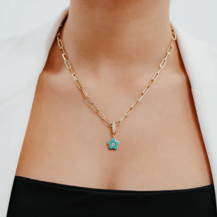 Mavi Çiçek Mineli Ataç Altın Kolye AAKLY0155