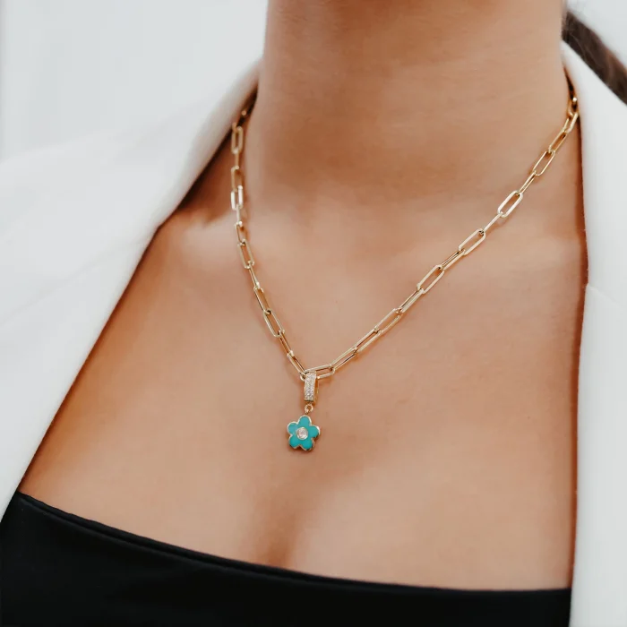 Mavi Çiçek Mineli Ataç Altın Kolye AAKLY0155