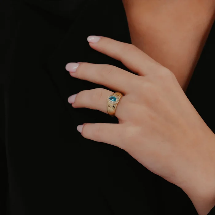 Mavi Oval Mini Taşlı Şövalye Altın Yüzük AAYZK0154