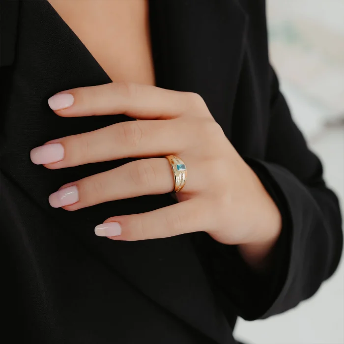 Mavi Taş Detay Bombeli Altın Yüzük AAYZK0201